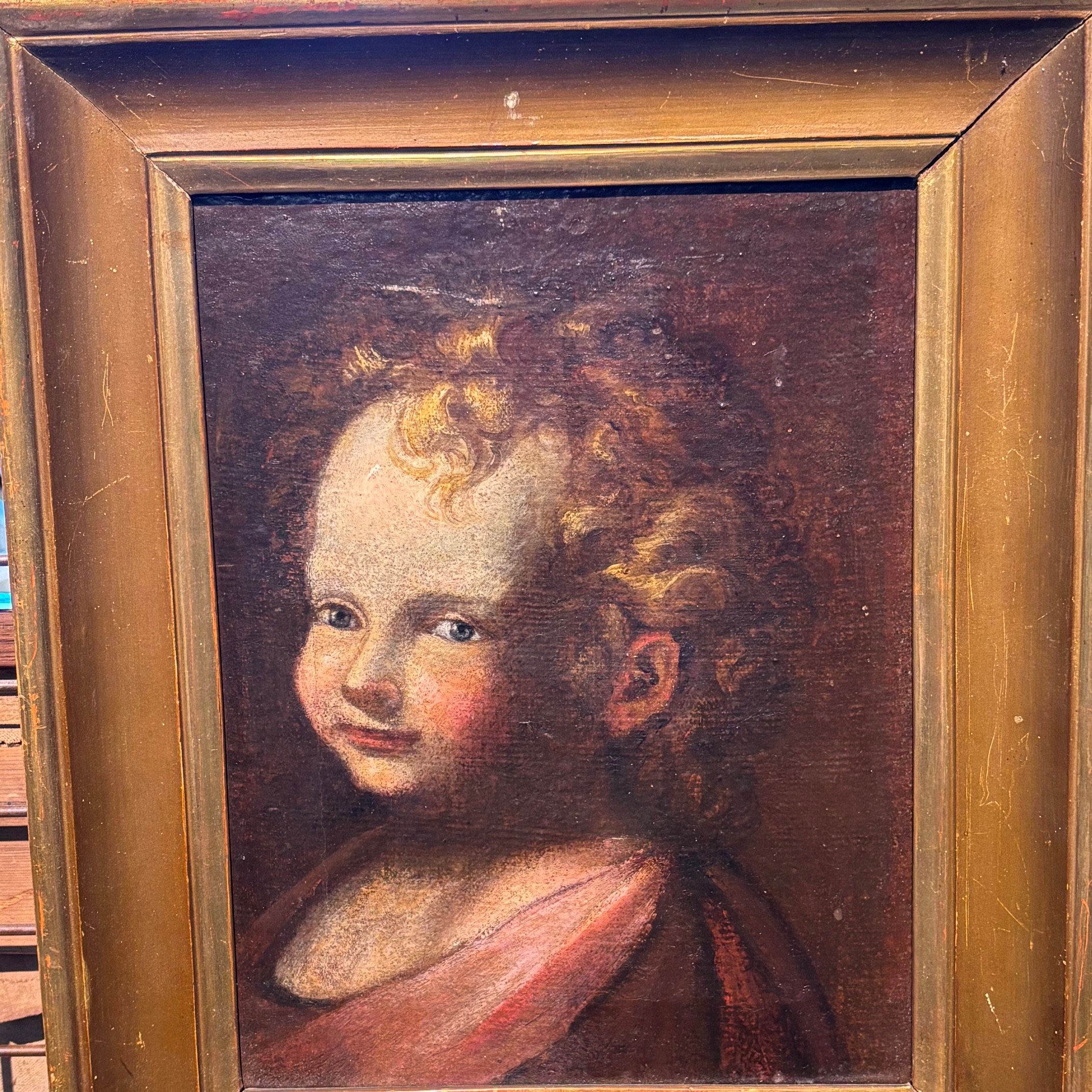 Antico dipinto olio su tela volto Angelo - Putto del XVII sec con cornice dorata . Mis 38 x 31 - immagine 3