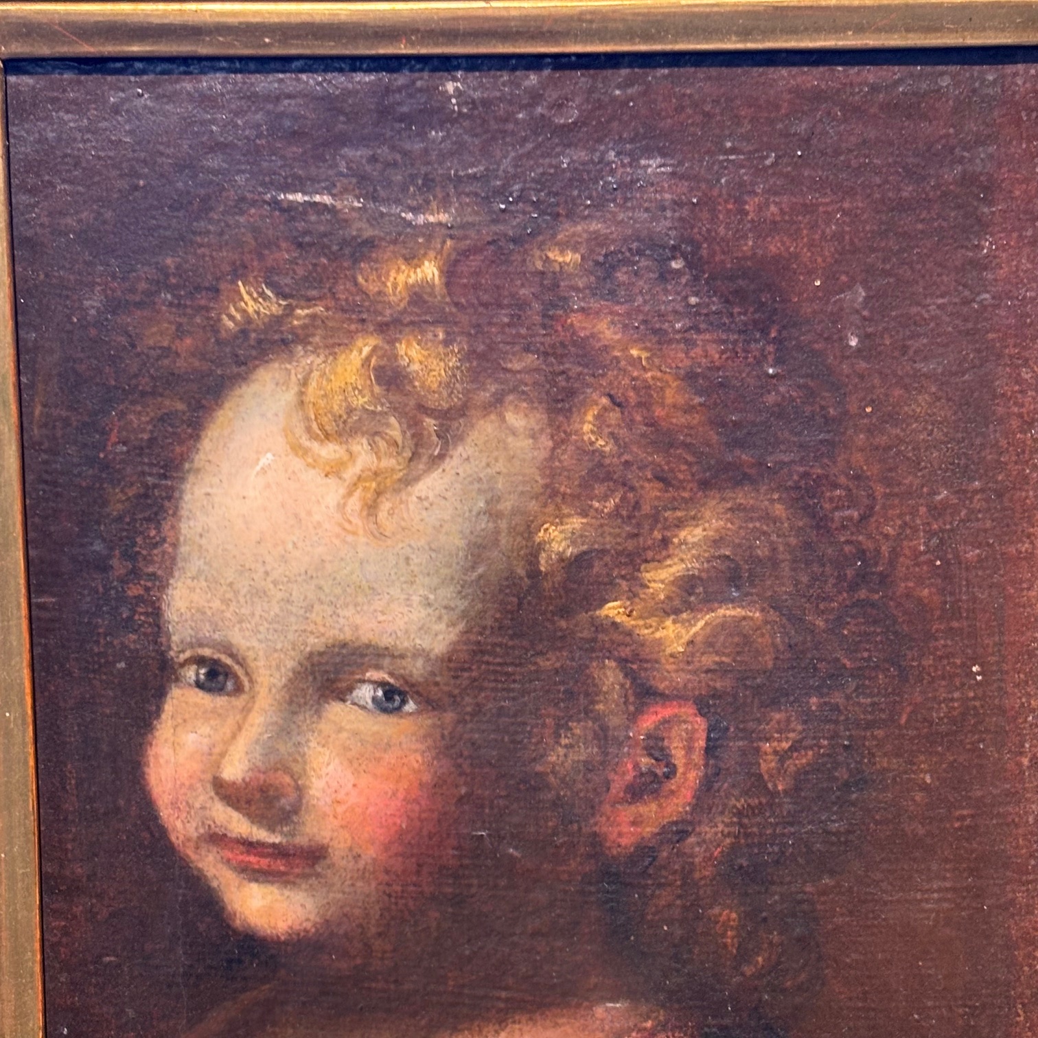 Antico dipinto olio su tela volto Angelo - Putto del XVII sec con cornice dorata . Mis 38 x 31 - immagine 4