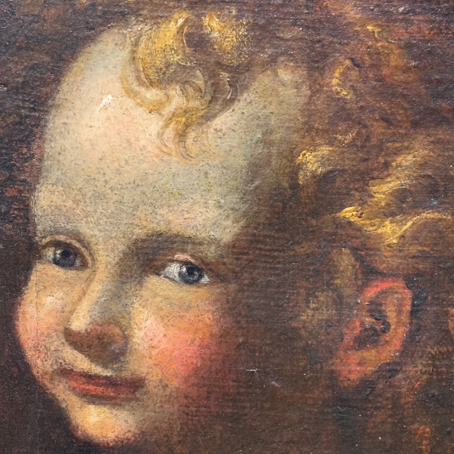 Antico dipinto olio su tela volto Angelo - Putto del XVII sec con cornice dorata . Mis 38 x 31 - immagine 5