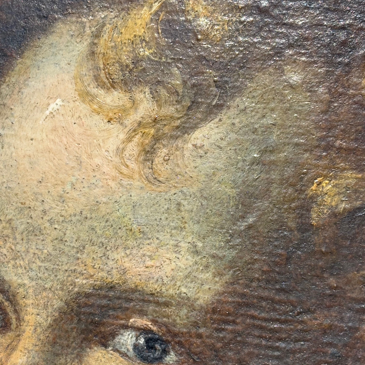 Antico dipinto olio su tela volto Angelo - Putto del XVII sec con cornice dorata . Mis 38 x 31 - immagine 7