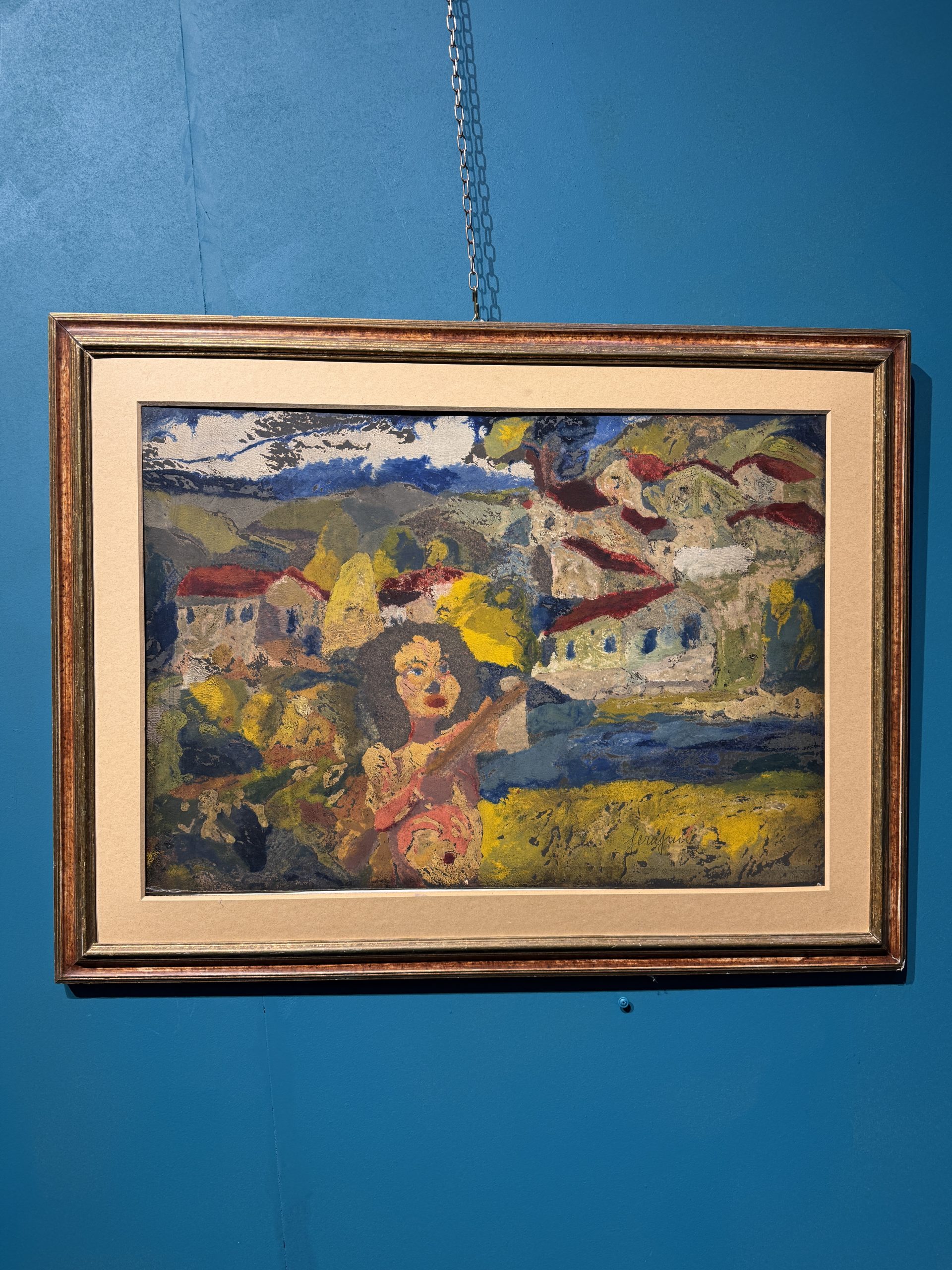 Dipinto ad olio su cartone, Giuseppe Serafini 1960 raffigurante ragazza con borgo, 67x87cm