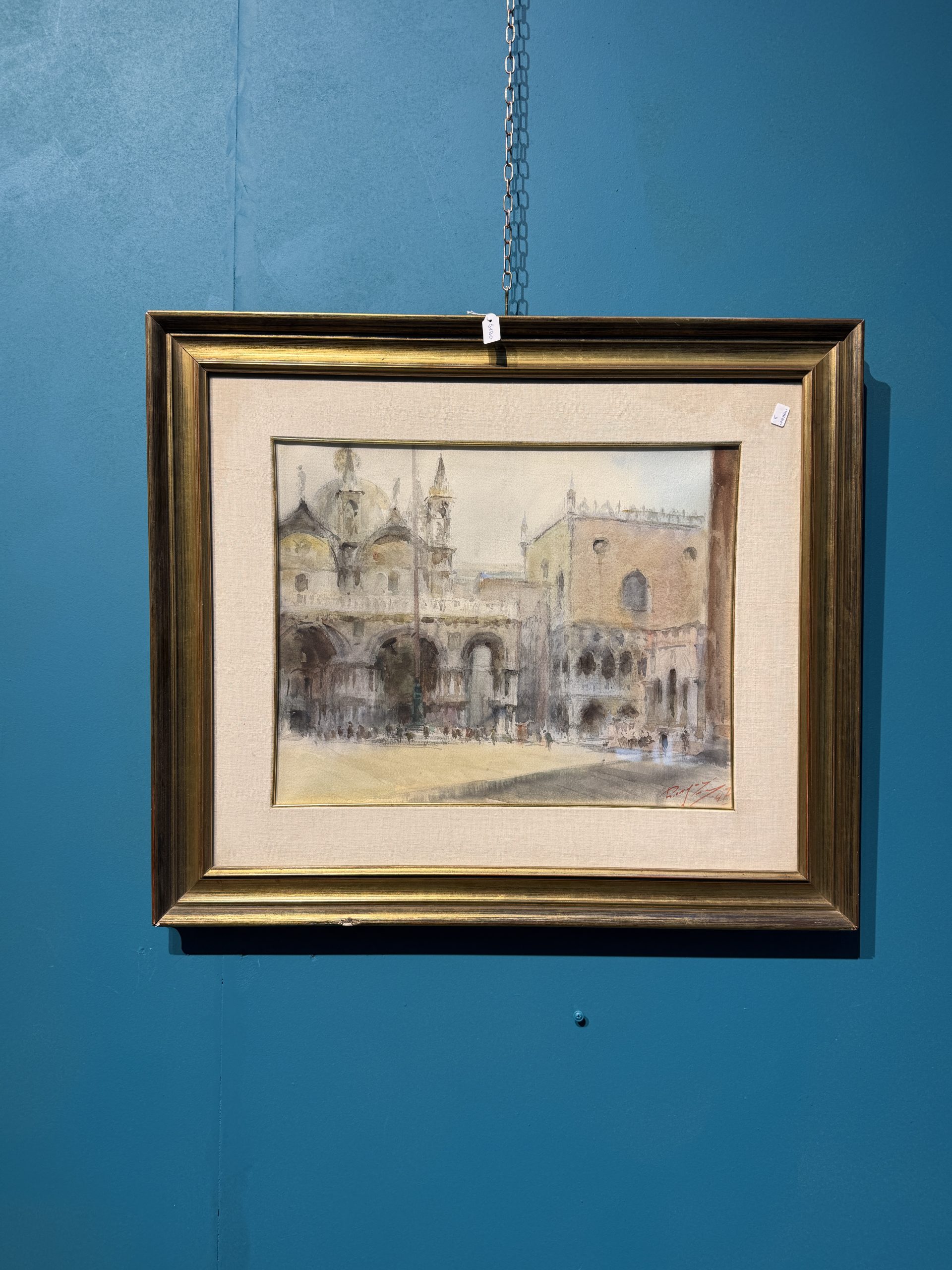 Antico dipinto acquerello Venezia Piazza San Marco, firmato 1947, 47x37cm, vedutismo post-impressionista