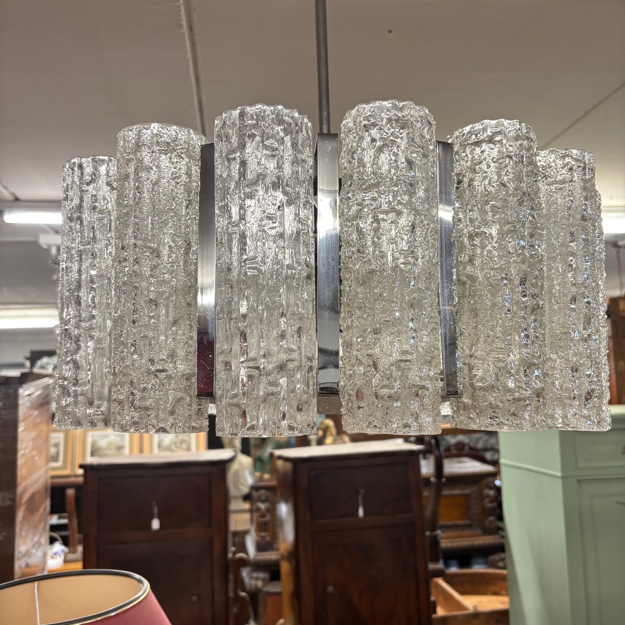 Lampadario chandelier mod Doria Venini stelo metallo con 17 bicchieri e nove punti luci . Mis h 83 diametro cm 53 - immagine 5