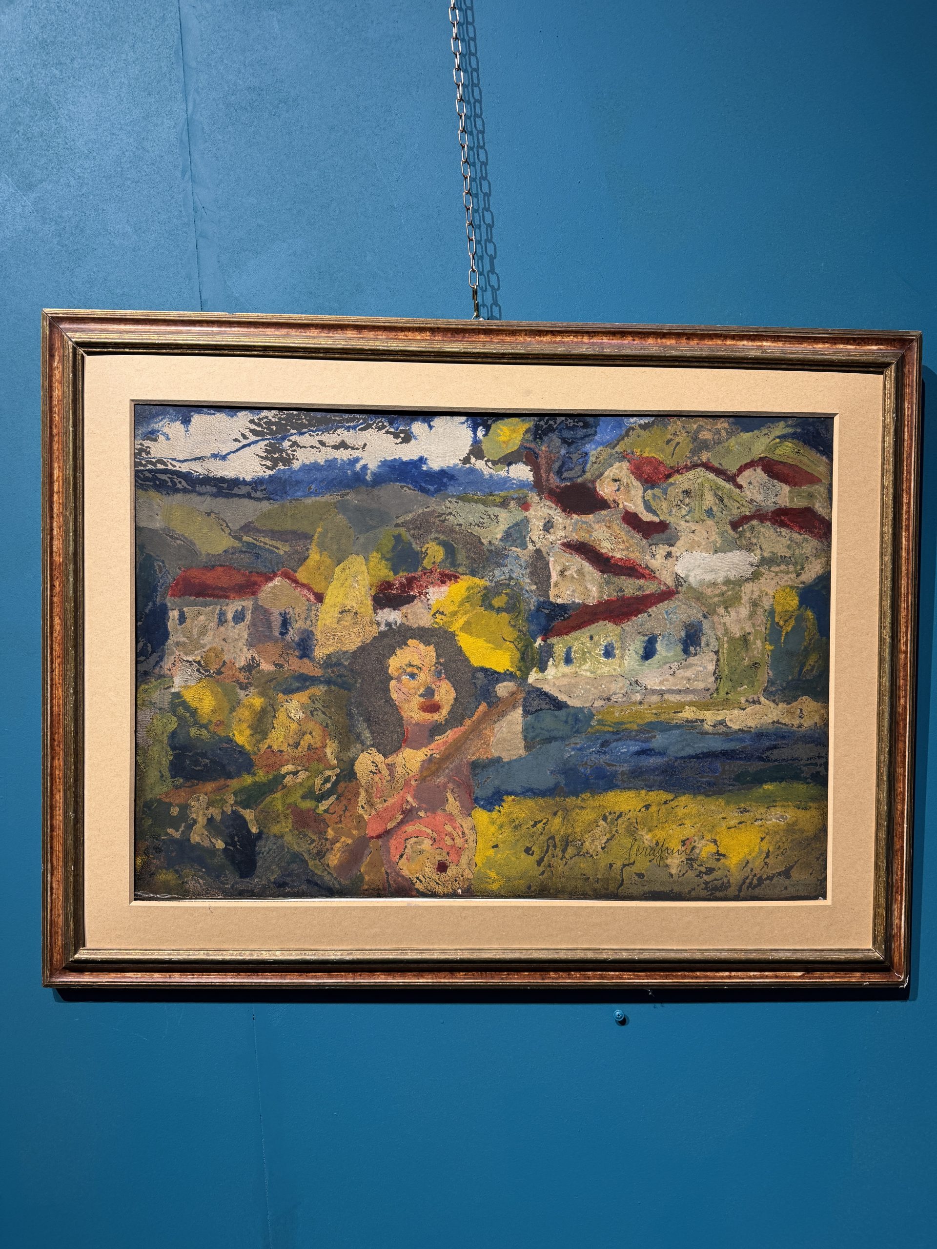 Dipinto ad olio su cartone, Giuseppe Serafini 1960 raffigurante ragazza con borgo, 67x87cm - immagine 2