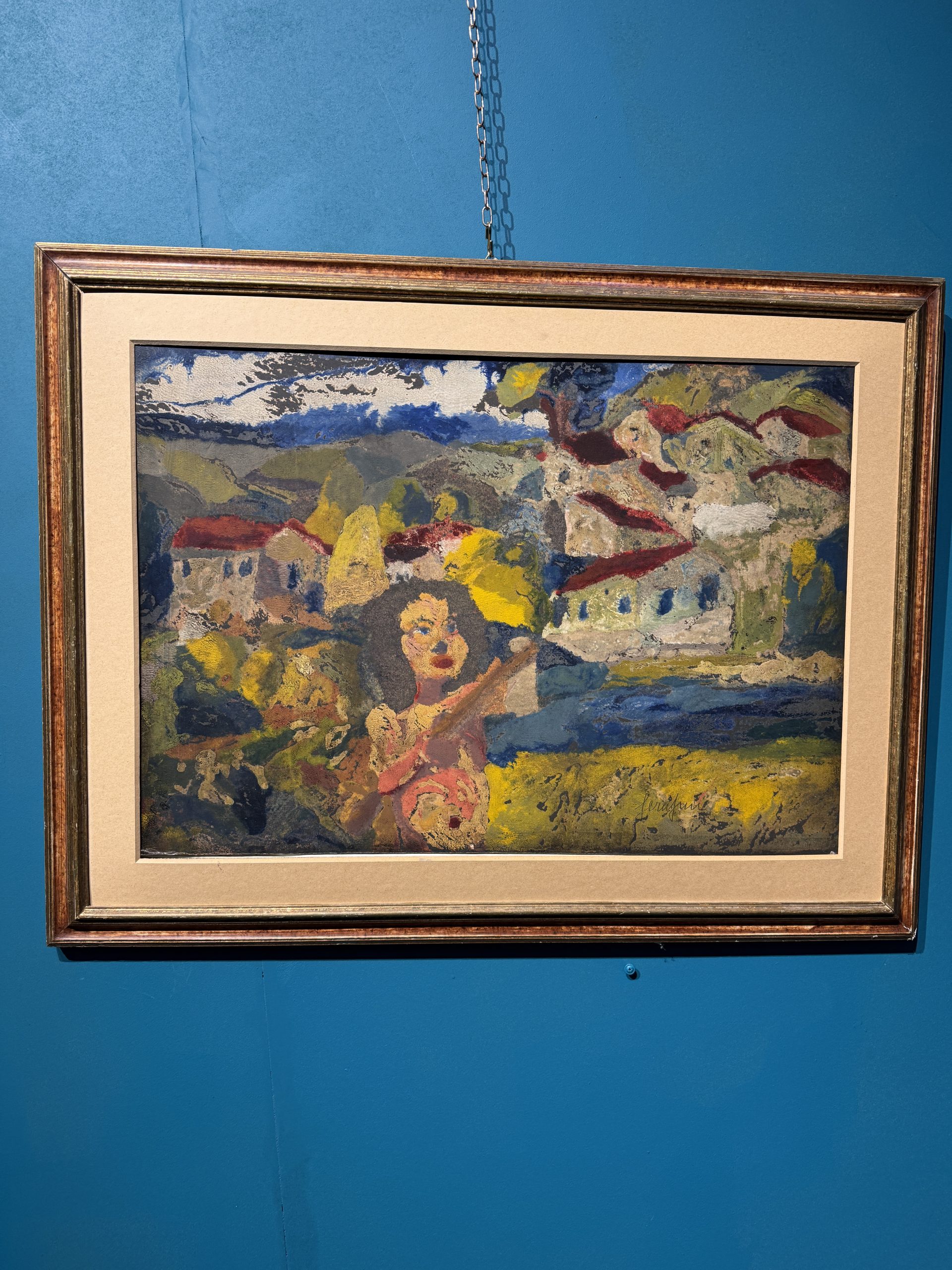 Dipinto ad olio su cartone, Giuseppe Serafini 1960 raffigurante ragazza con borgo, 67x87cm - immagine 3