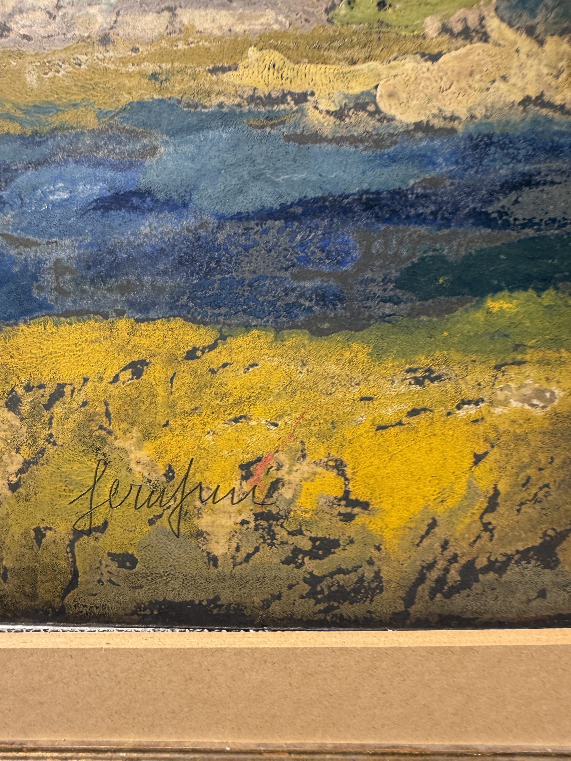 Dipinto ad olio su cartone, Giuseppe Serafini 1960 raffigurante ragazza con borgo, 67x87cm - immagine 4