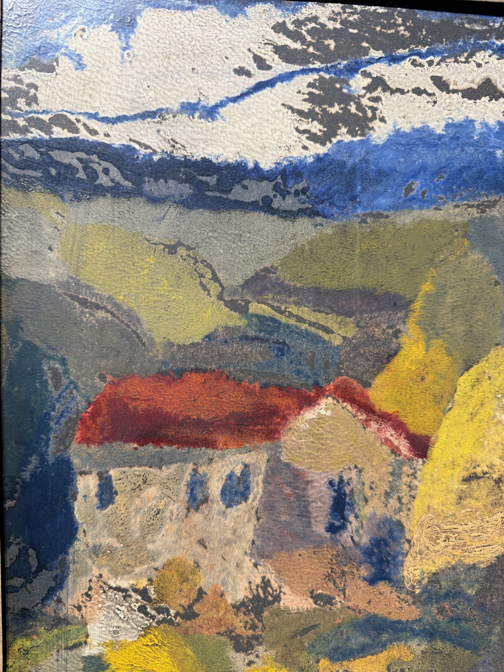 Dipinto ad olio su cartone, Giuseppe Serafini 1960 raffigurante ragazza con borgo, 67x87cm - immagine 9