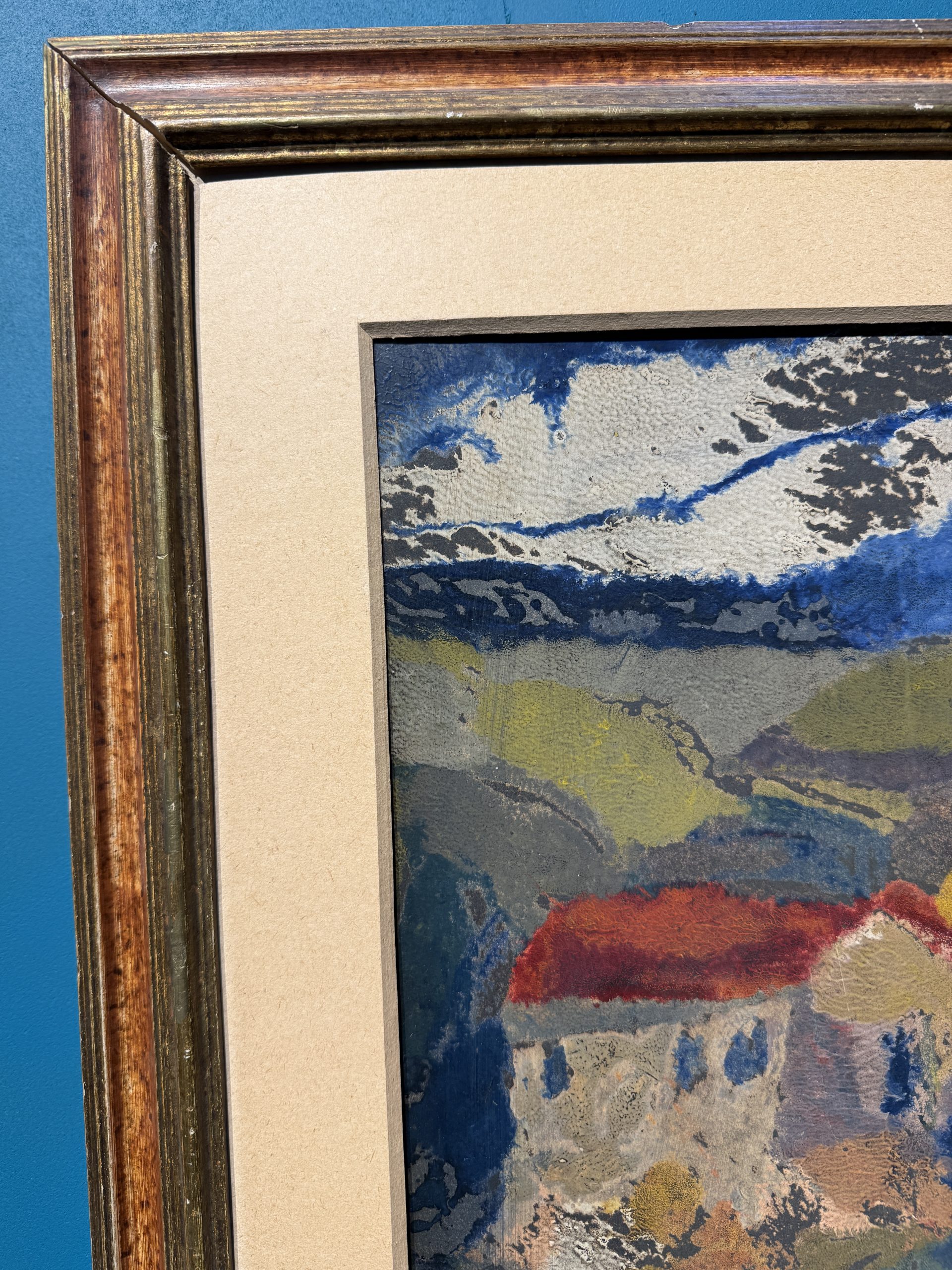 Dipinto ad olio su cartone, Giuseppe Serafini 1960 raffigurante ragazza con borgo, 67x87cm - immagine 10