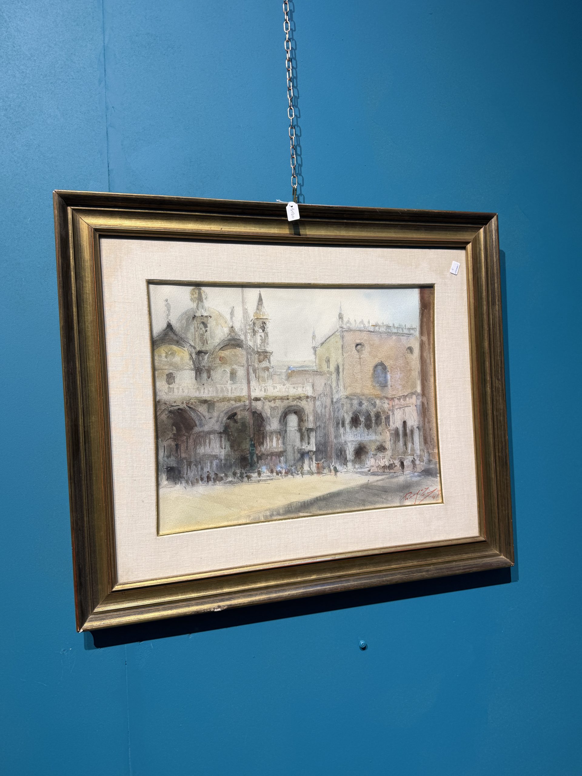 Antico dipinto acquerello Venezia Piazza San Marco, firmato 1947, 47x37cm, vedutismo post-impressionista - immagine 2