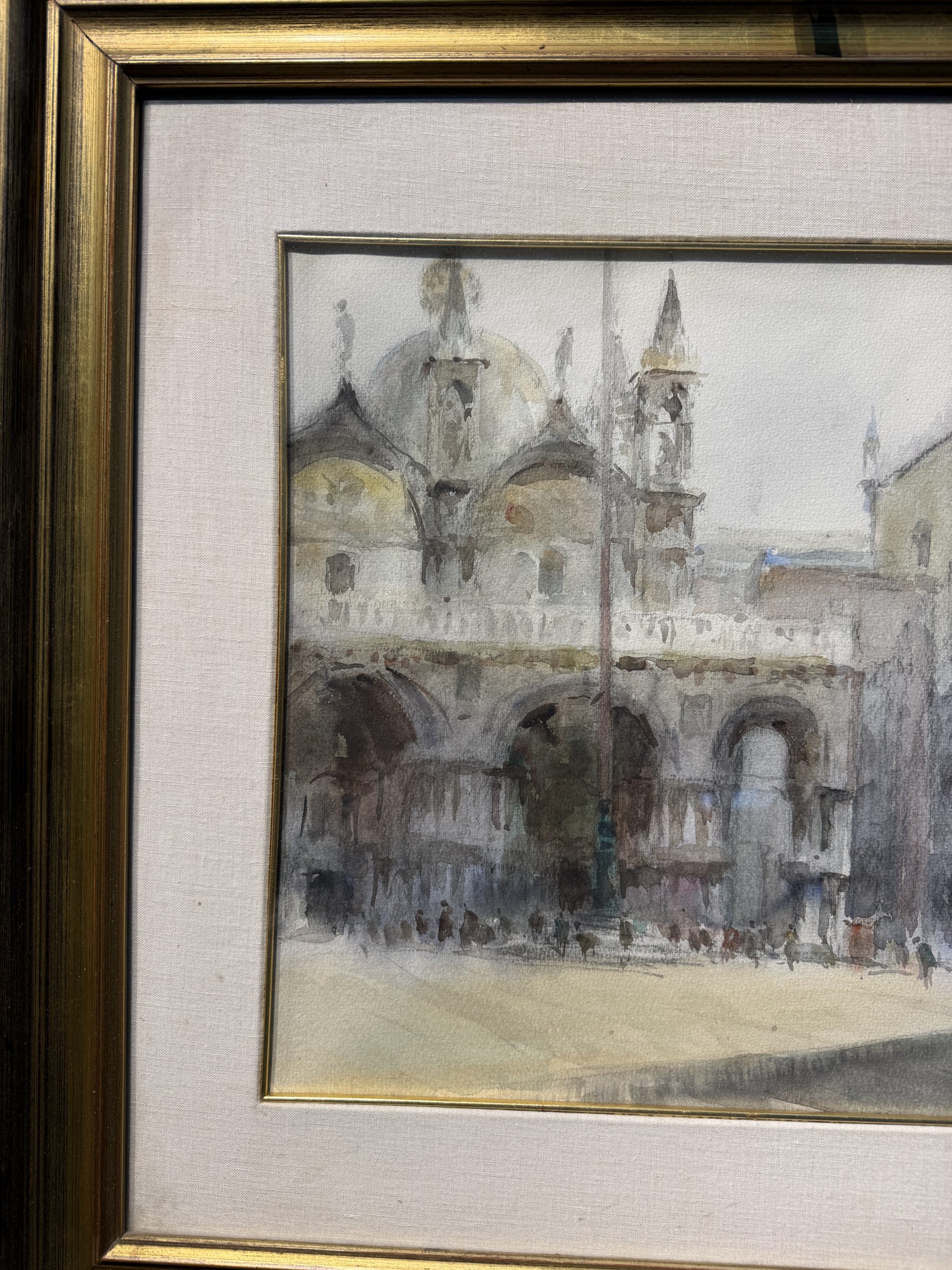 Antico dipinto acquerello Venezia Piazza San Marco, firmato 1947, 47x37cm, vedutismo post-impressionista - immagine 3