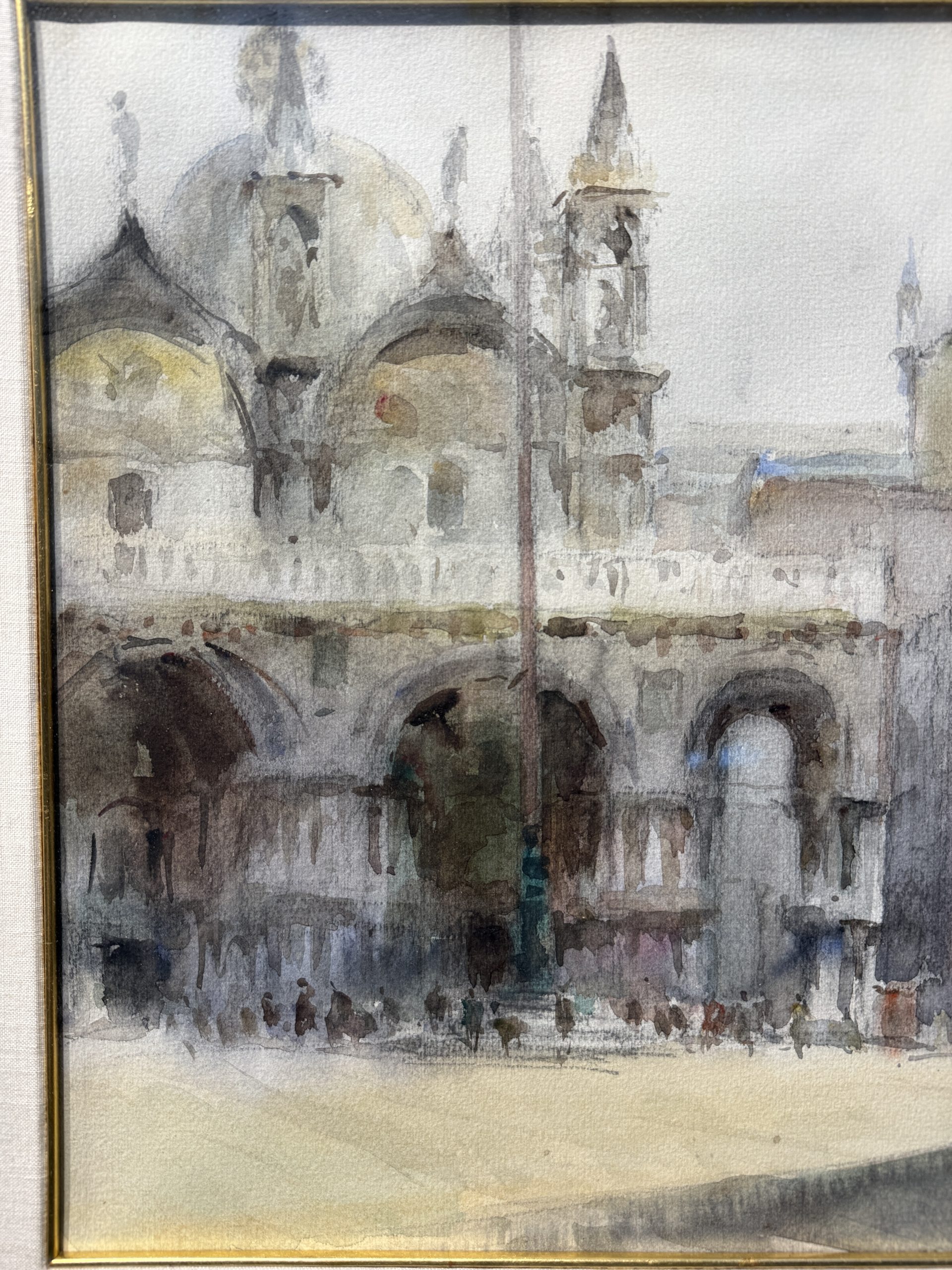 Antico dipinto acquerello Venezia Piazza San Marco, firmato 1947, 47x37cm, vedutismo post-impressionista - immagine 4