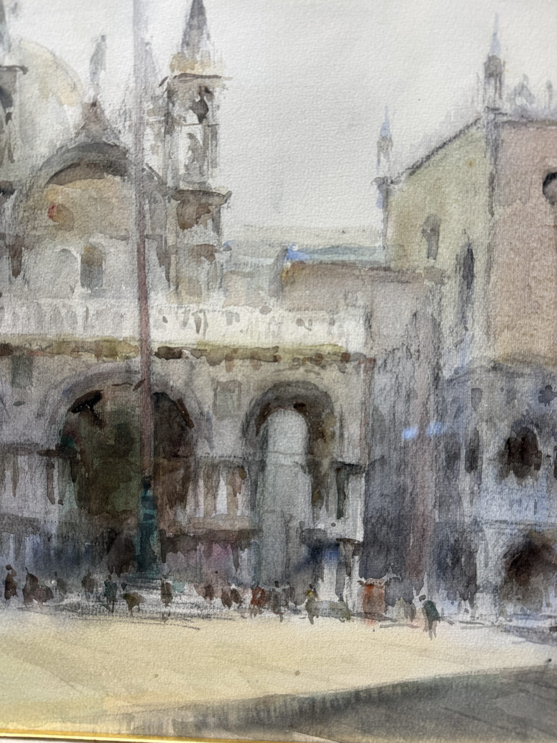 Antico dipinto acquerello Venezia Piazza San Marco, firmato 1947, 47x37cm, vedutismo post-impressionista - immagine 5