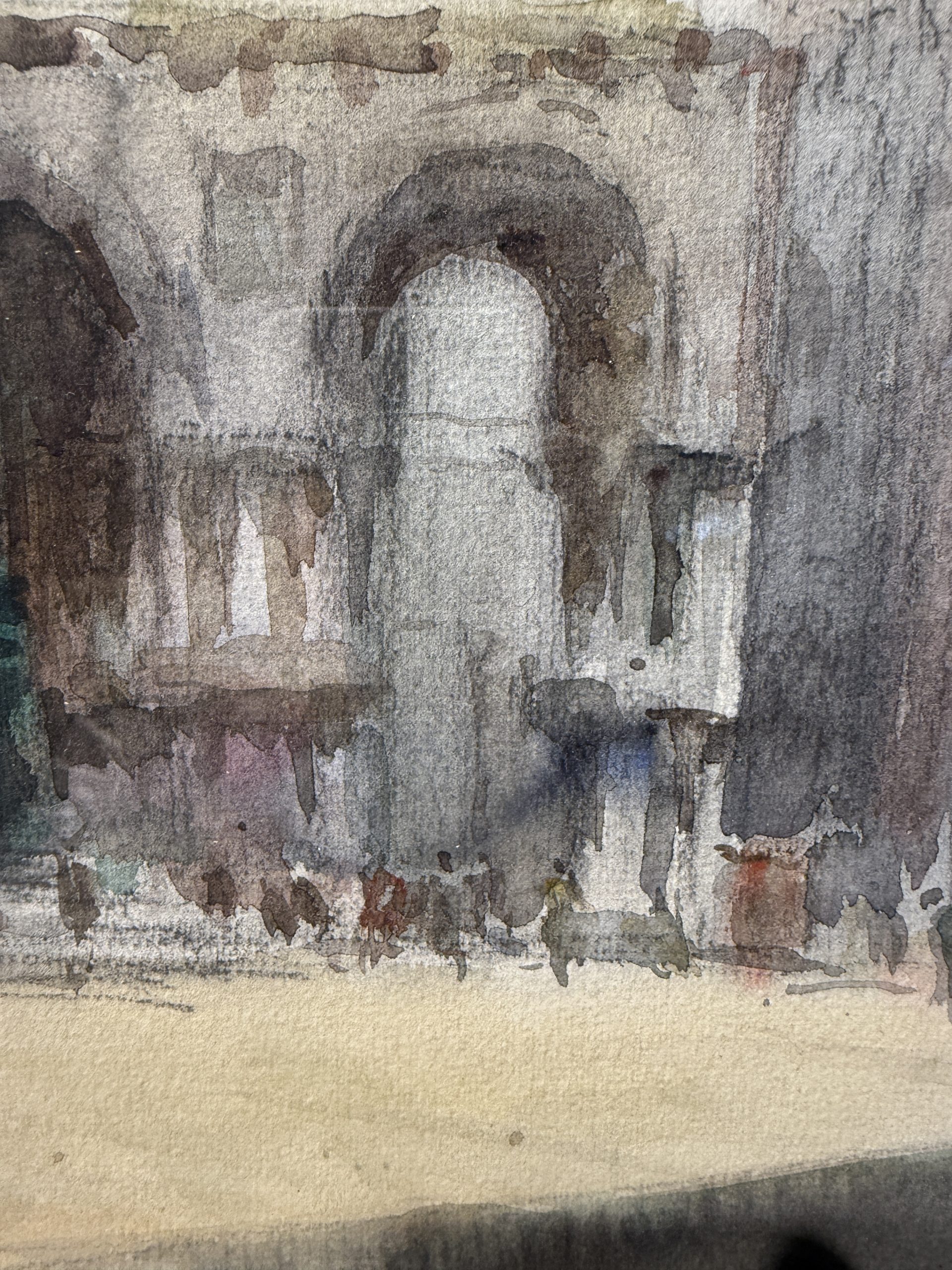 Antico dipinto acquerello Venezia Piazza San Marco, firmato 1947, 47x37cm, vedutismo post-impressionista - immagine 6