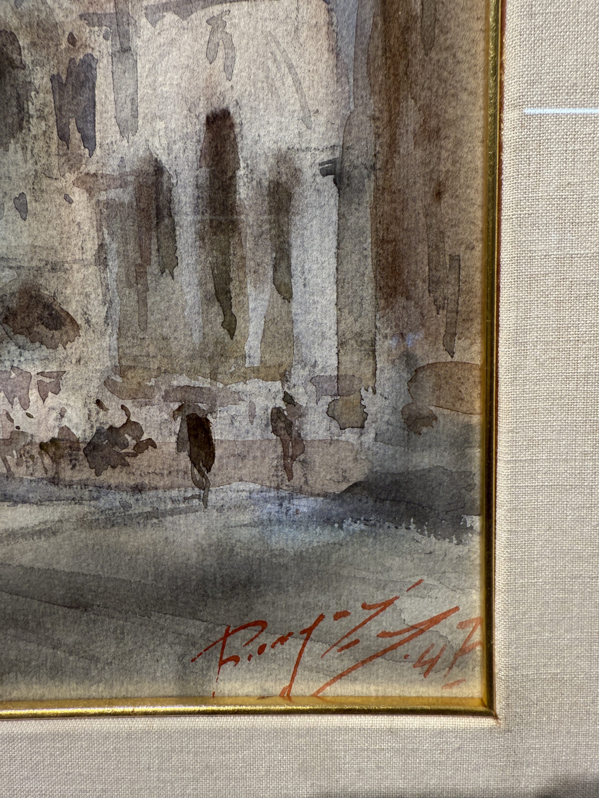 Antico dipinto acquerello Venezia Piazza San Marco, firmato 1947, 47x37cm, vedutismo post-impressionista - immagine 7