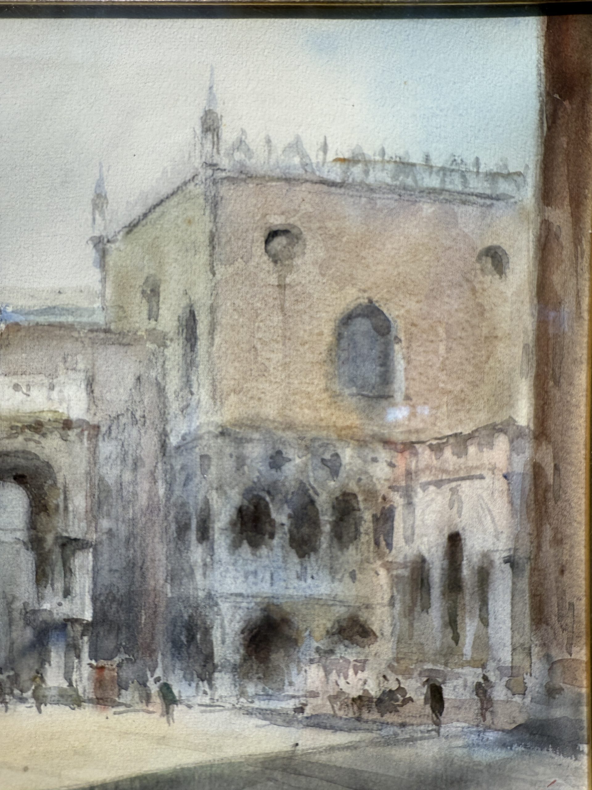 Antico dipinto acquerello Venezia Piazza San Marco, firmato 1947, 47x37cm, vedutismo post-impressionista - immagine 9
