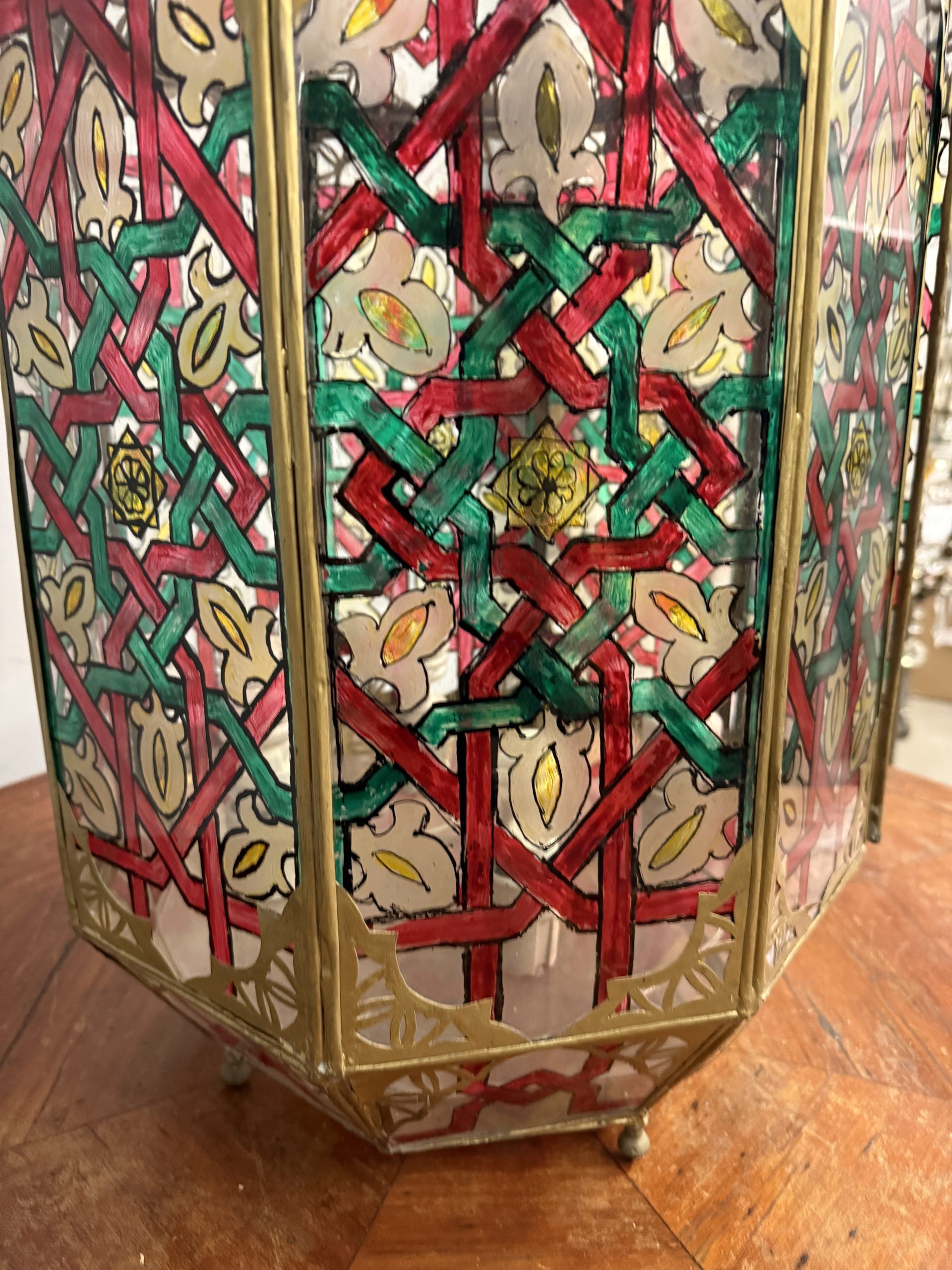 Lanterna vintage in ottone e vetri dipinti XX sec, Marocco, 94x40cm - immagine 7