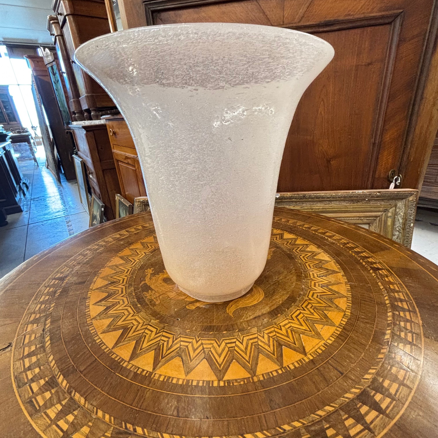 Antico grande vaso vetro Murano anni 30 art decò, rosa Pulegoso a bollicine . H cm 28 diametro cm 28 - immagine 7