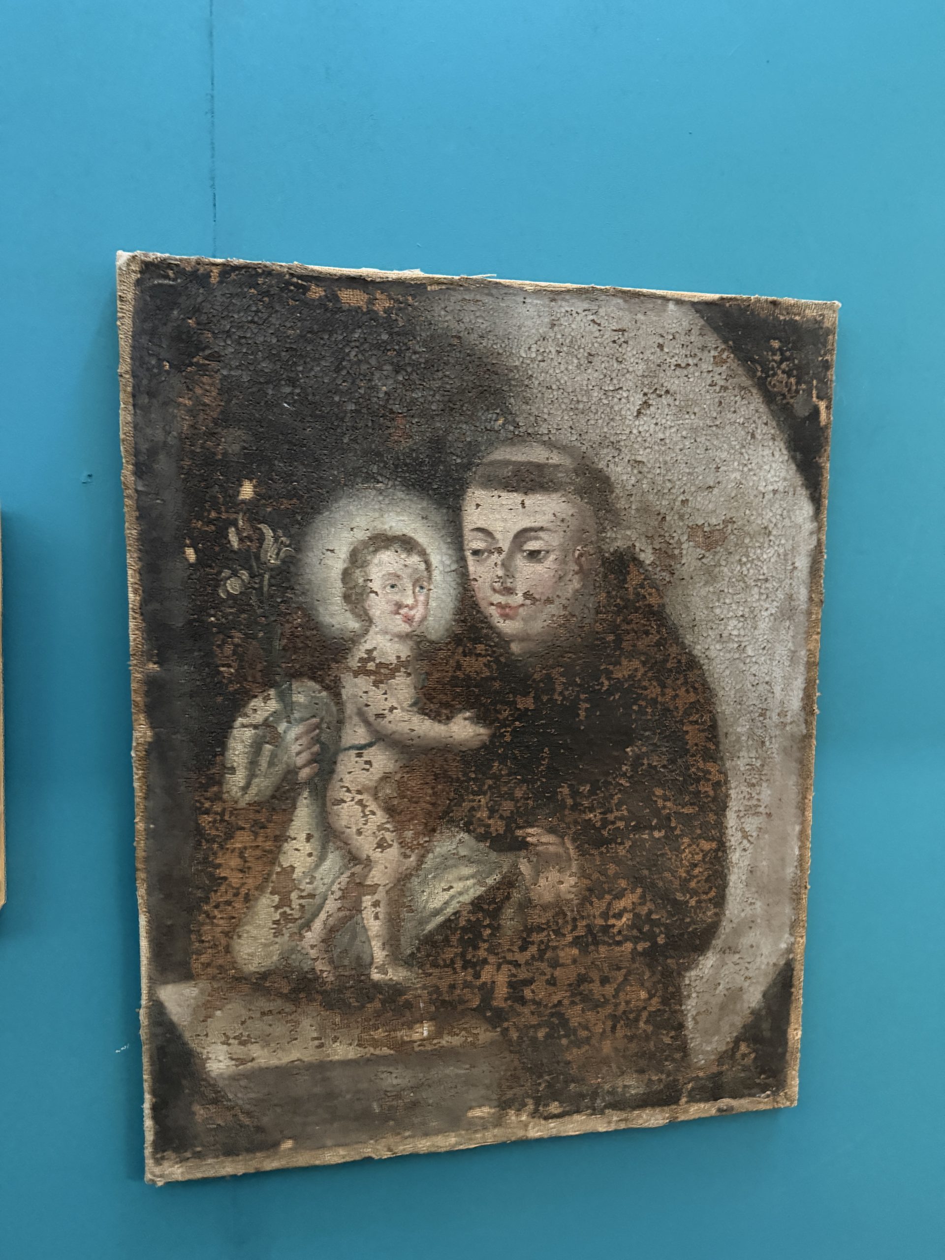 Antico dipinto ad olio del XVIII sec, S. Antonio da Padova e Bambino, 64x51cm