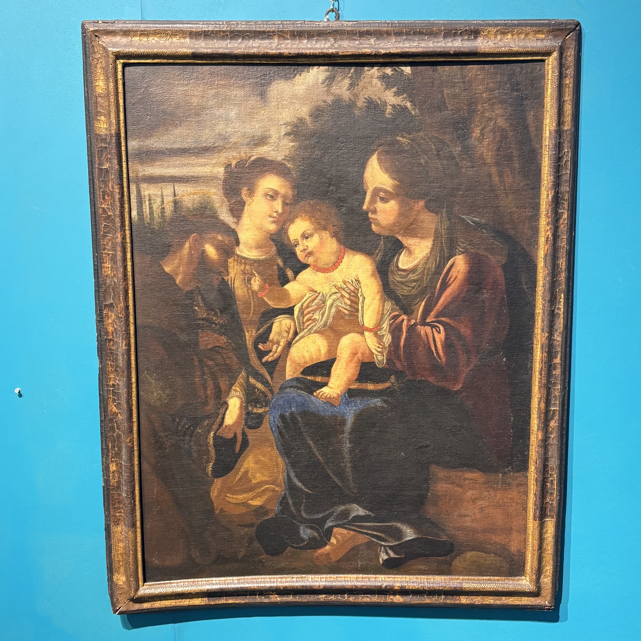 Antico dipinto sacra conversazione epoca XVI sec olio su tela, cornice coeva . Scuola Bolognese .Mis 106 x cm 84