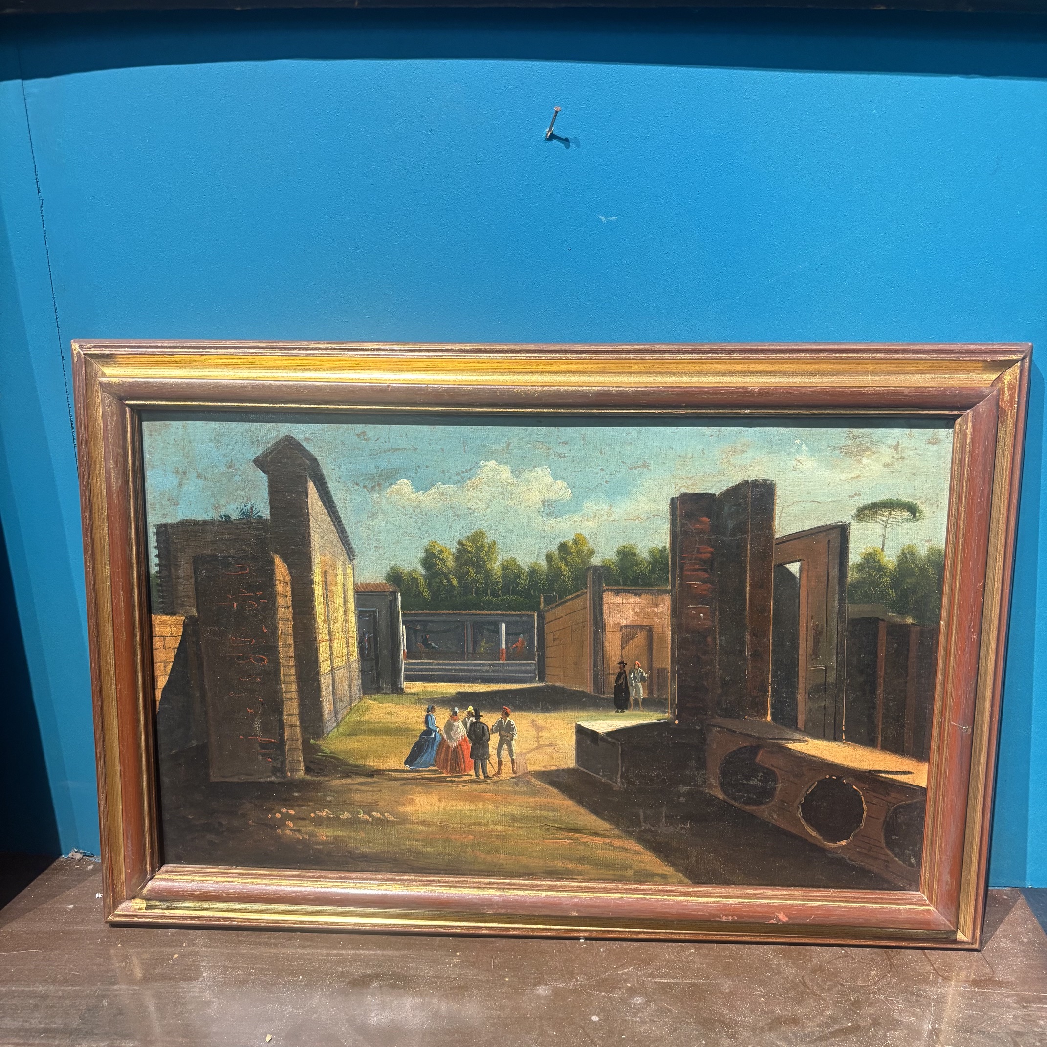 Antico Dipinto olio su tela scavi di Pompei epoca XVIII scuola Napoletana . MIS 56 X 35