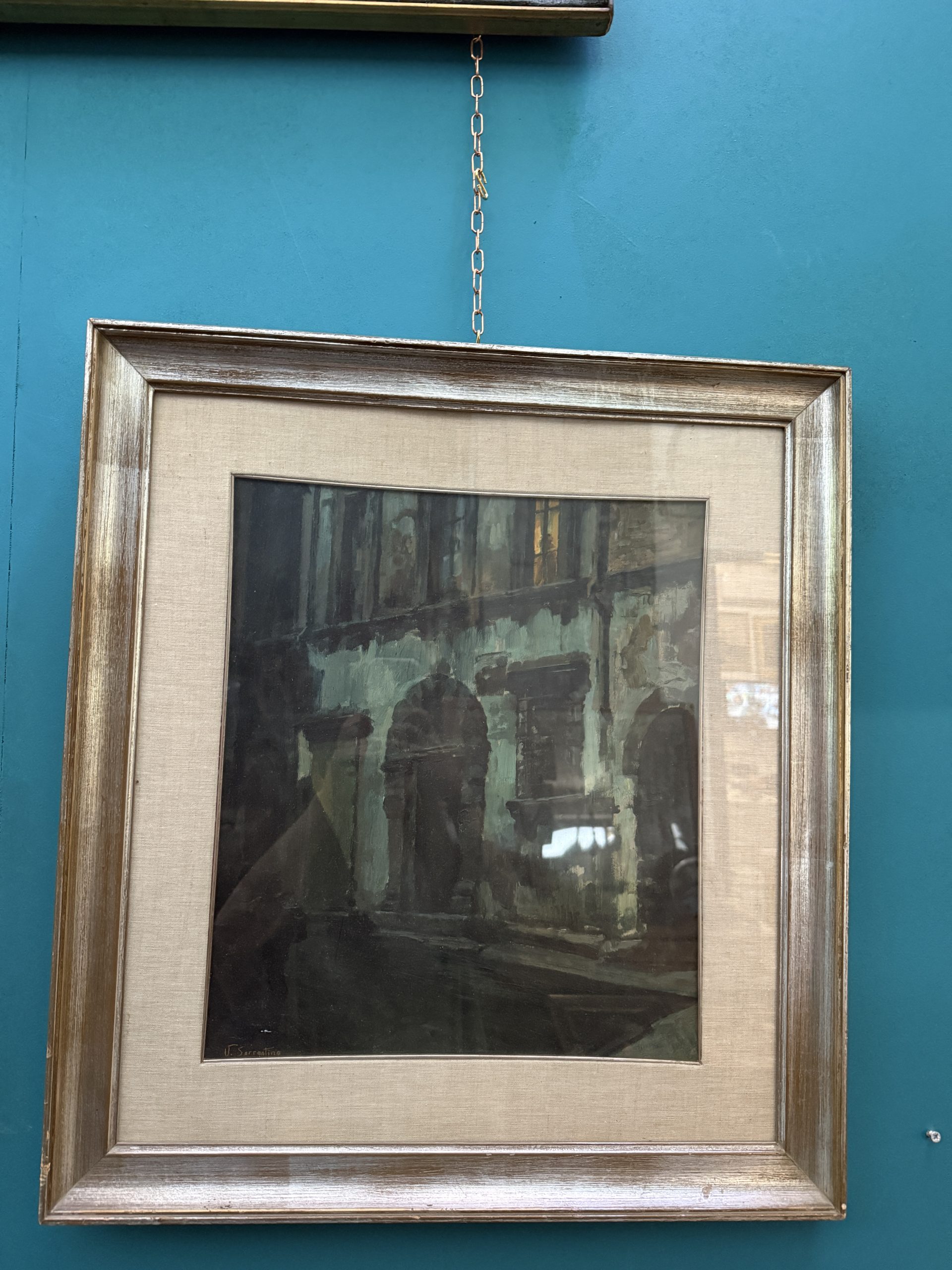 Dipinto olio su tavola raffigurante palazzi antichi, V. Sorrentino, 42x35cm