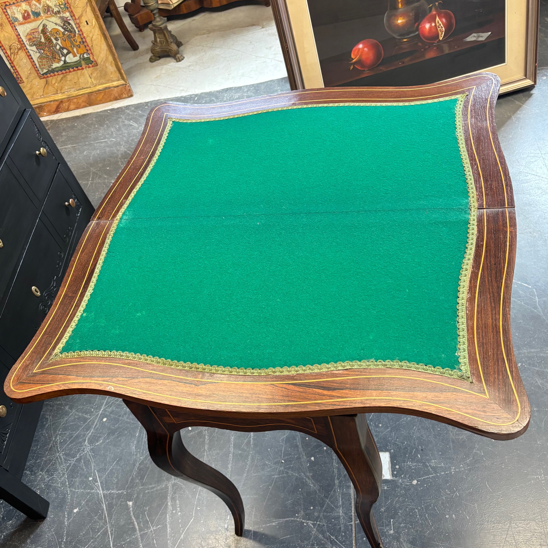 Antica console tavolo da gioco stile Luigi XV fine del XIX secolo . Palissandro , intarsi e bronzi . Mis L 82 prof cm 41 . h 73 - immagine 16