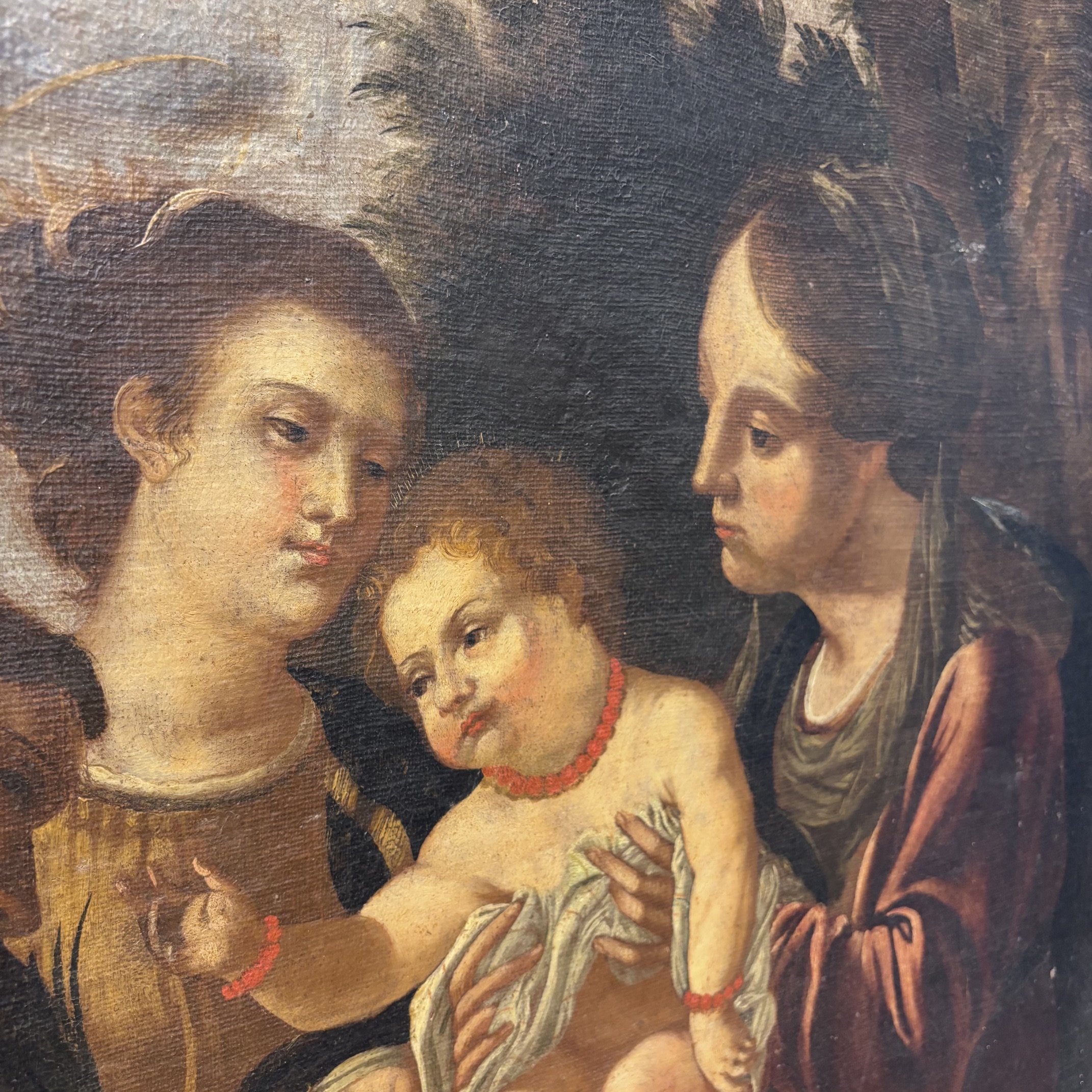 Antico dipinto sacra conversazione epoca XVI sec olio su tela, cornice coeva . Scuola Bolognese .Mis 106 x cm 84 - immagine 7