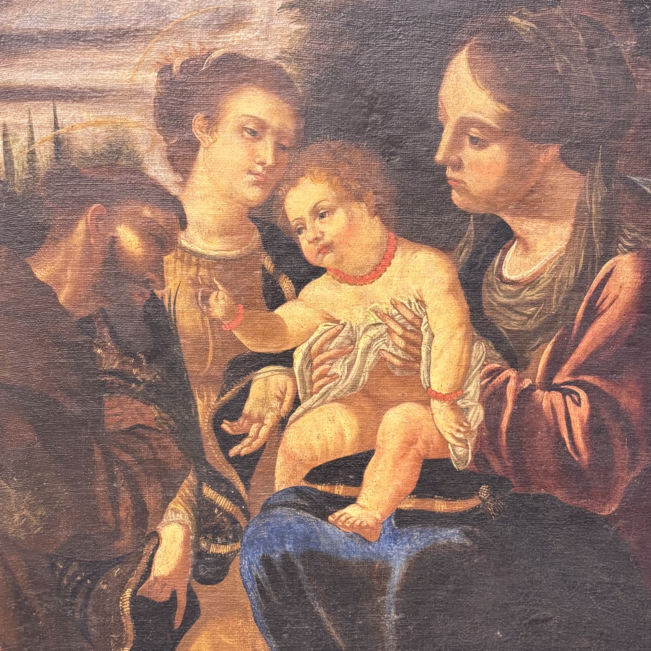 Antico dipinto sacra conversazione epoca XVI sec olio su tela, cornice coeva . Scuola Bolognese .Mis 106 x cm 84 - immagine 5