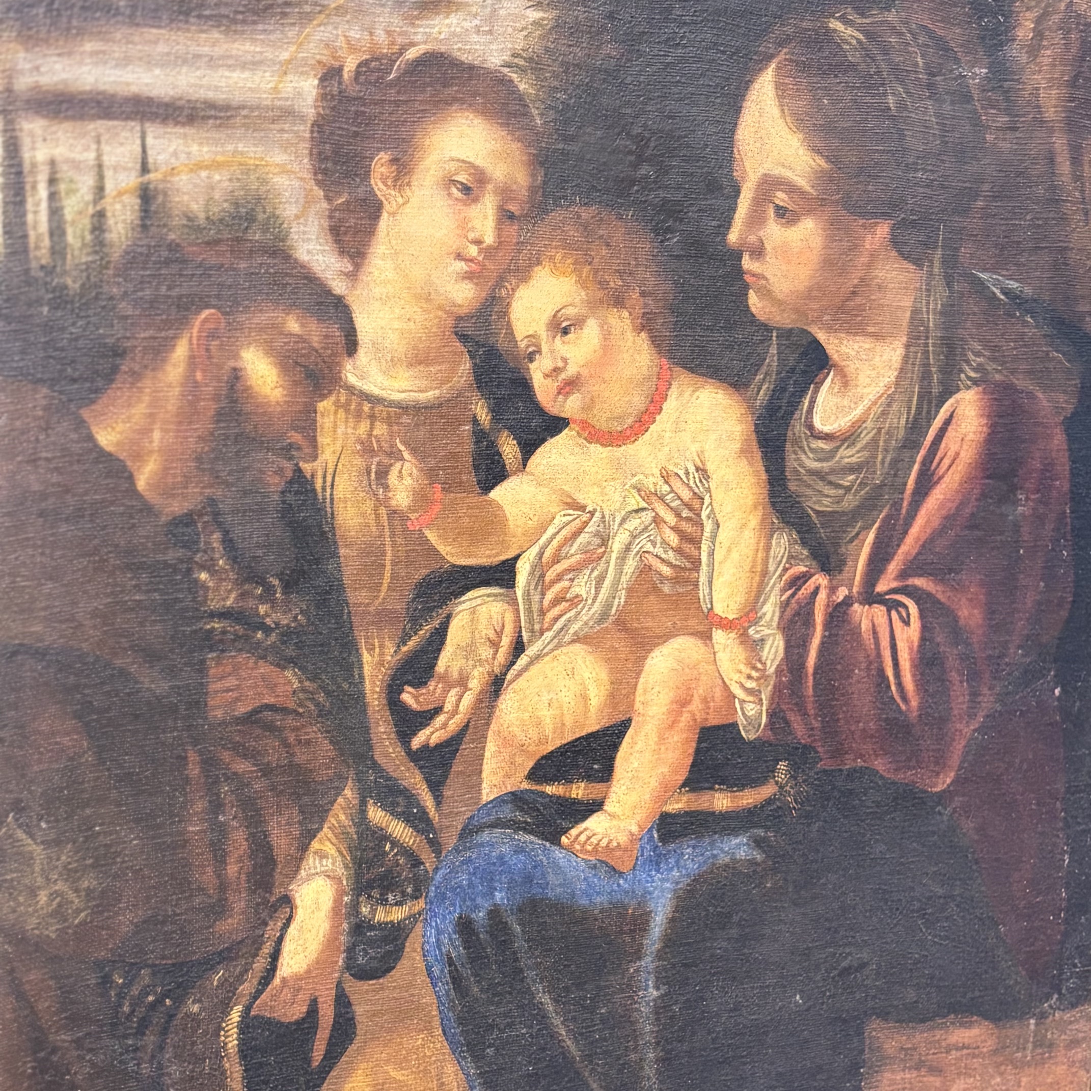 Antico dipinto sacra conversazione epoca XVI sec olio su tela, cornice coeva . Scuola Bolognese .Mis 106 x cm 84 - immagine 4