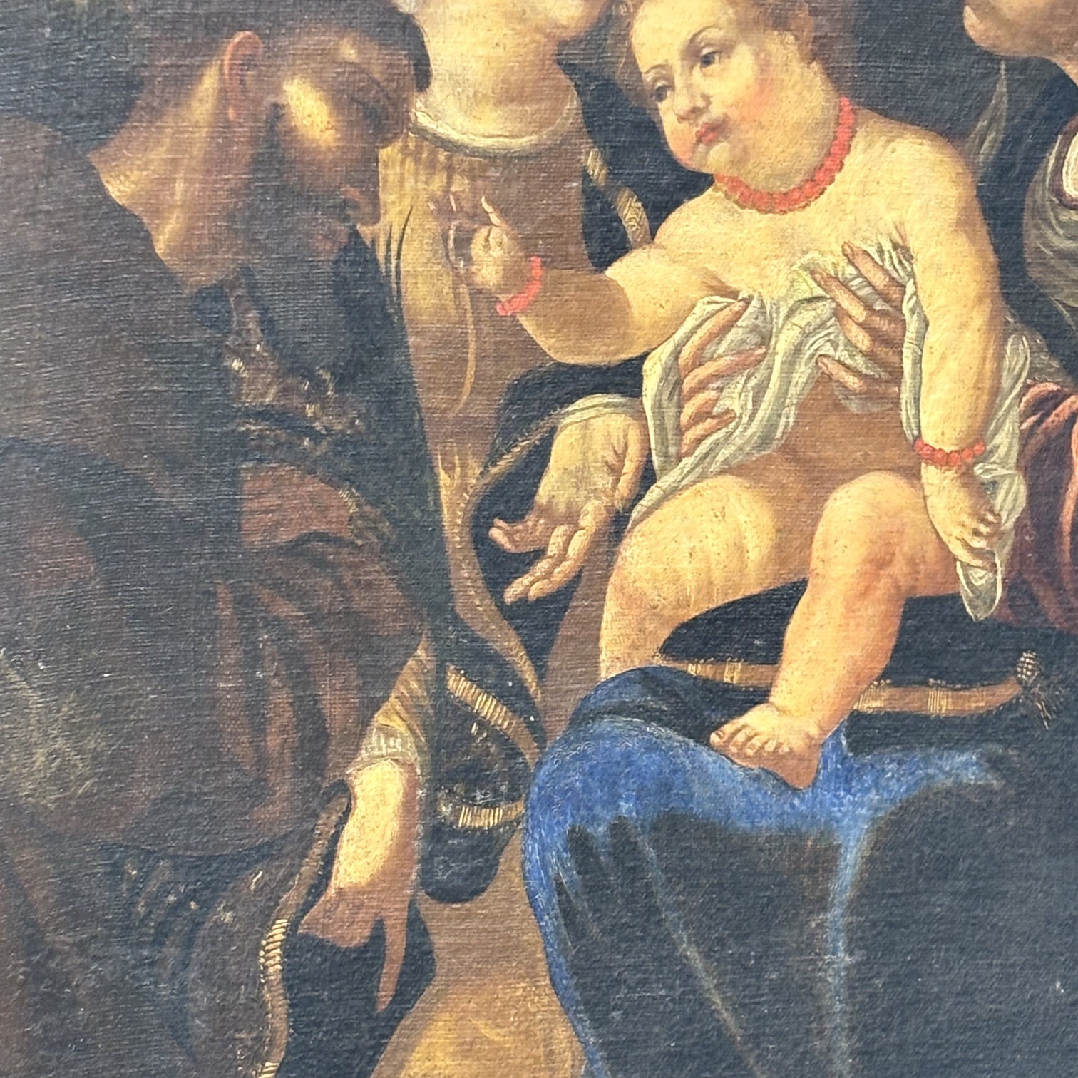 Antico dipinto sacra conversazione epoca XVI sec olio su tela, cornice coeva . Scuola Bolognese .Mis 106 x cm 84 - immagine 3