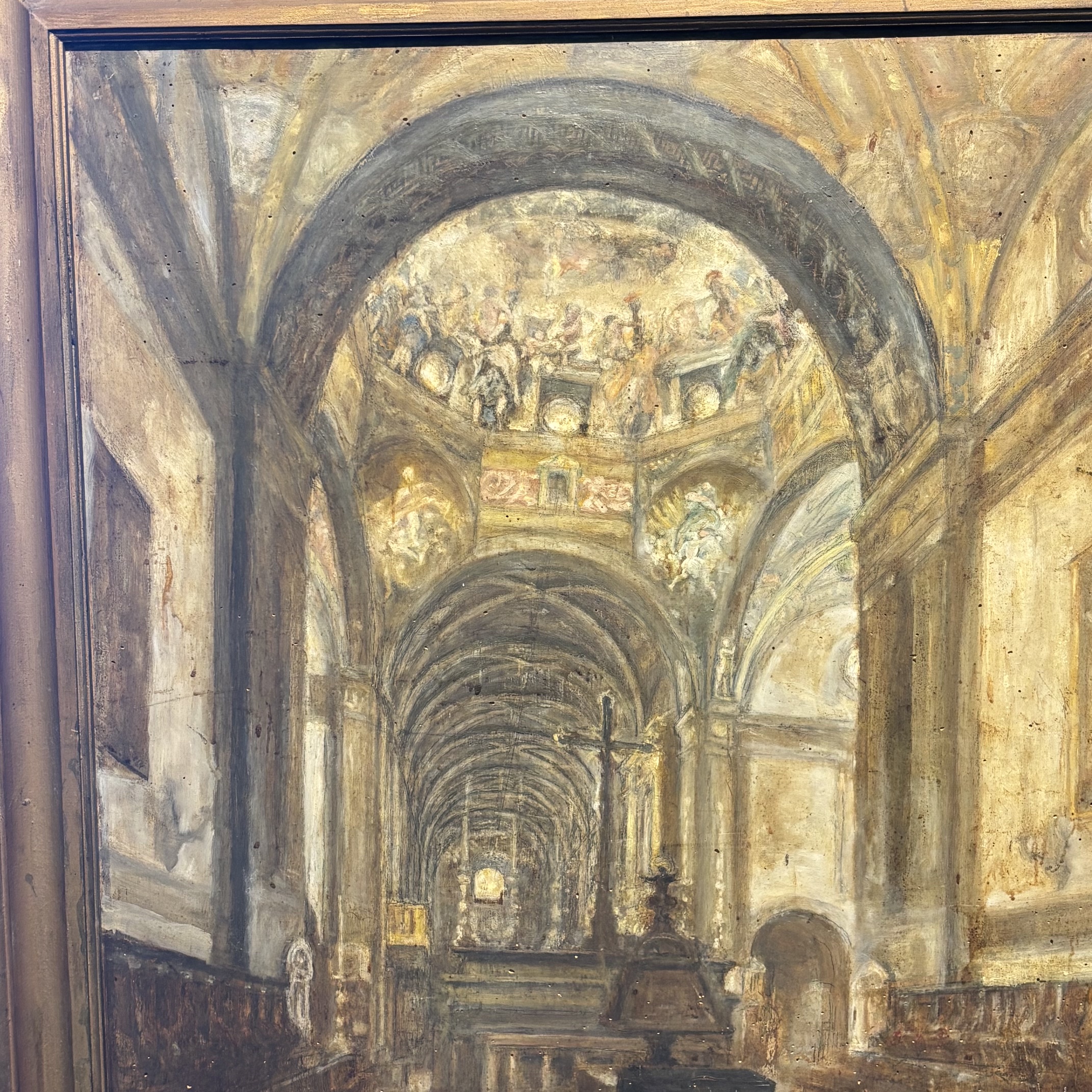Antico dipinto olio su tavola XIX sec Coro della cattedrale di Parma 116 x 99 - immagine 3