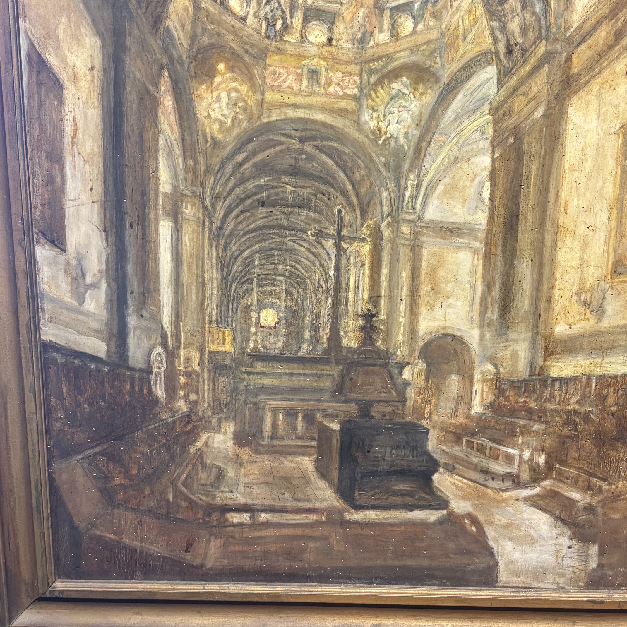 Antico dipinto olio su tavola XIX sec Coro della cattedrale di Parma 116 x 99 - immagine 4
