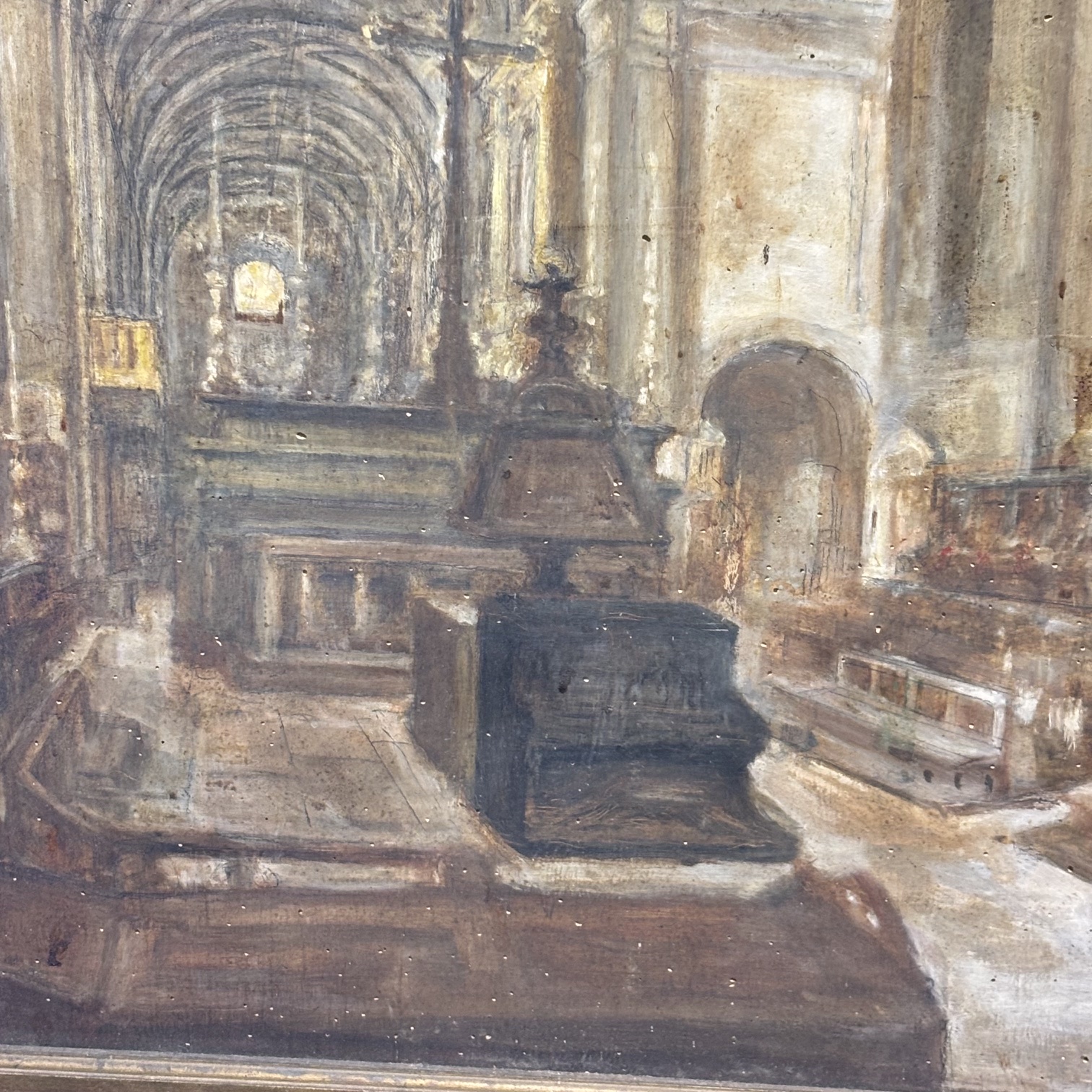 Antico dipinto olio su tavola XIX sec Coro della cattedrale di Parma 116 x 99 - immagine 7