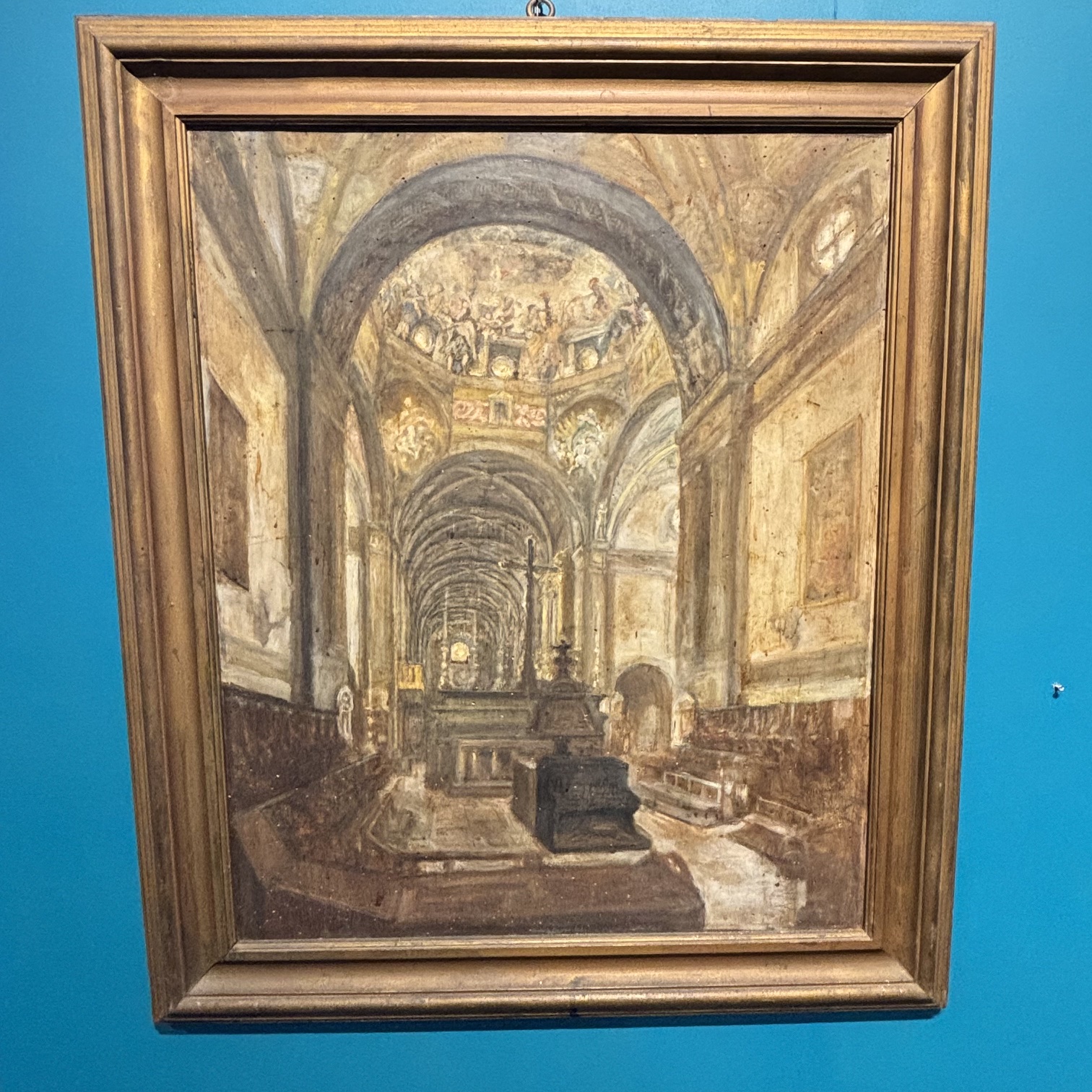 Antico dipinto olio su tavola XIX sec Coro della cattedrale di Parma 116 x 99 - immagine 8