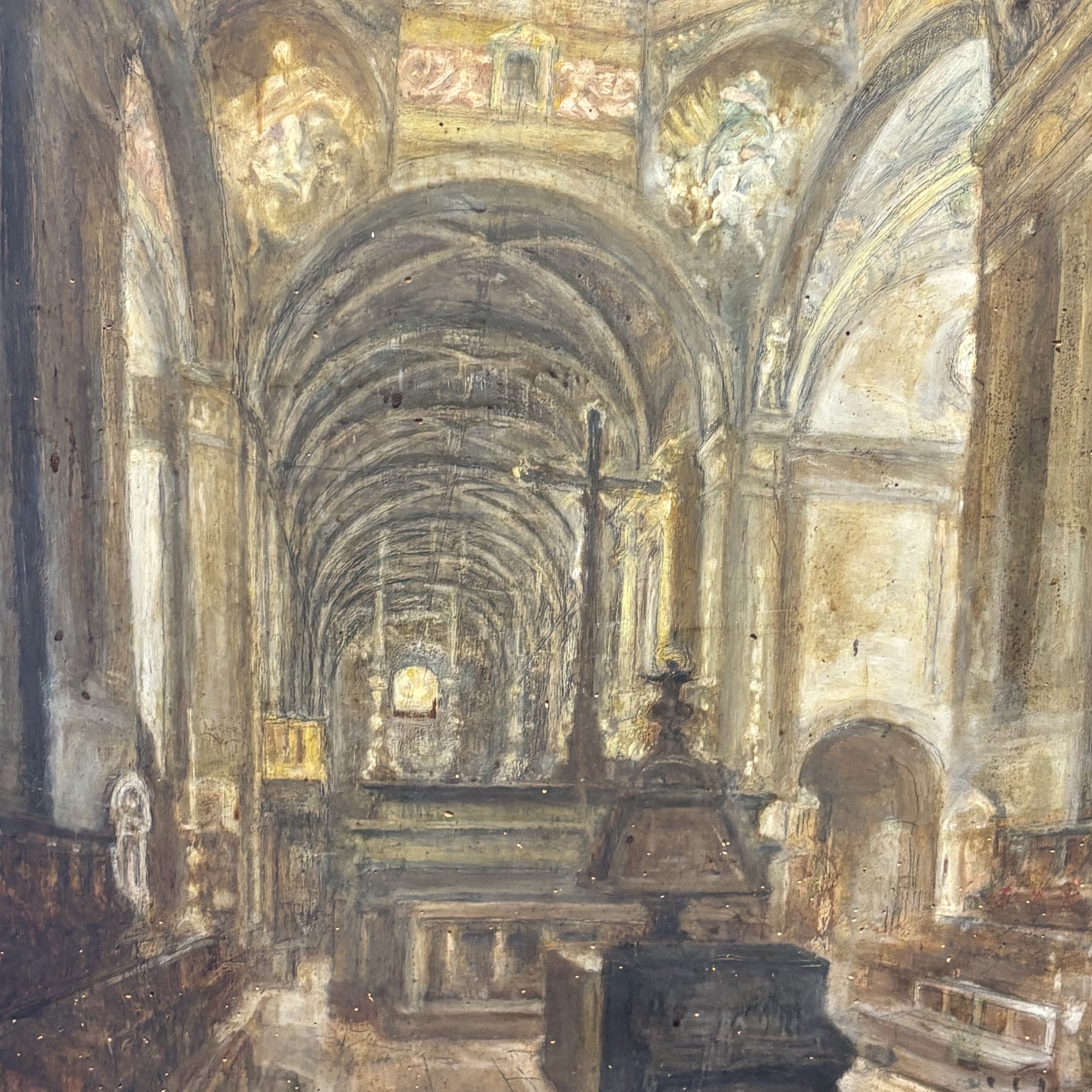 Antico dipinto olio su tavola XIX sec Coro della cattedrale di Parma 116 x 99 - immagine 10