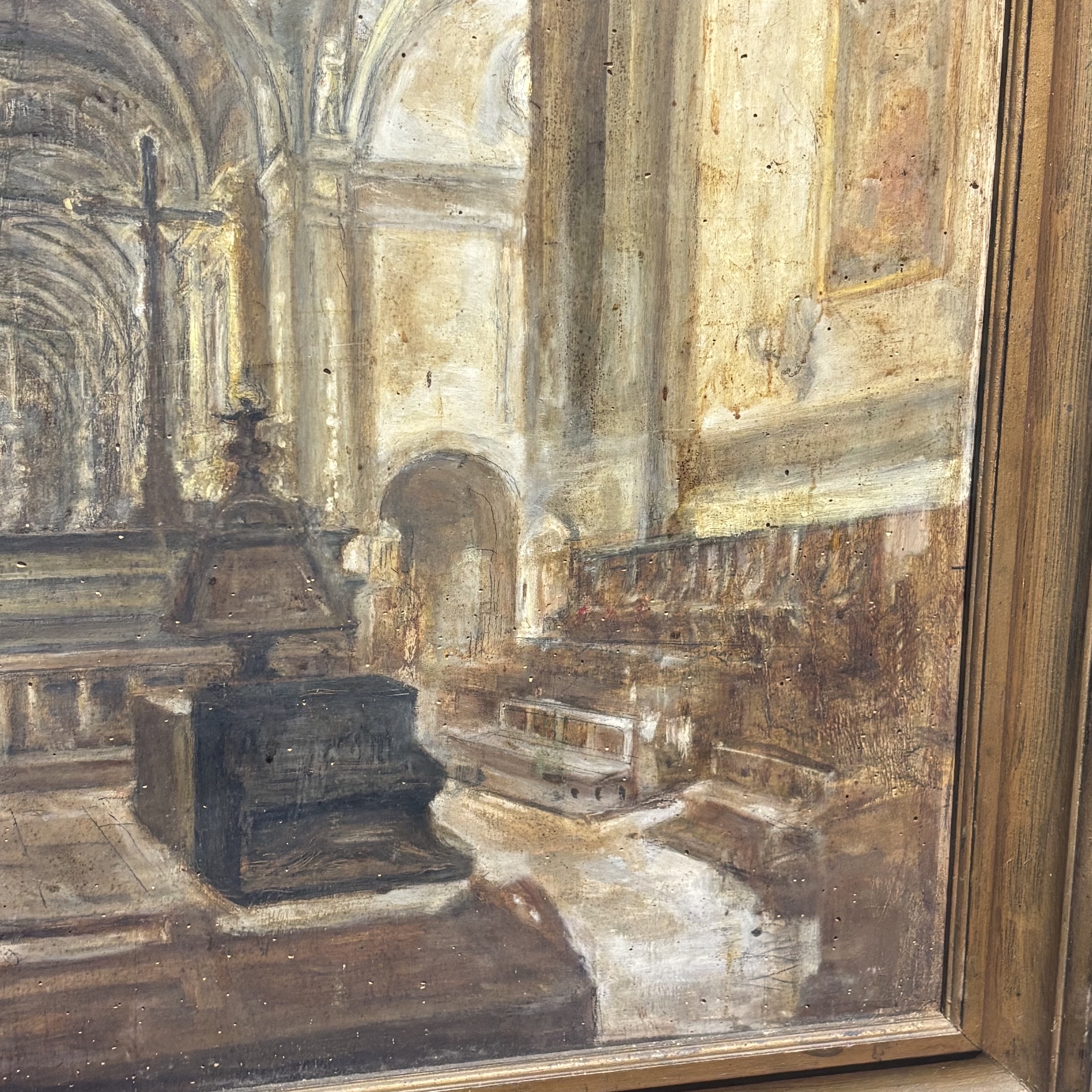 Antico dipinto olio su tavola XIX sec Coro della cattedrale di Parma 116 x 99 - immagine 11