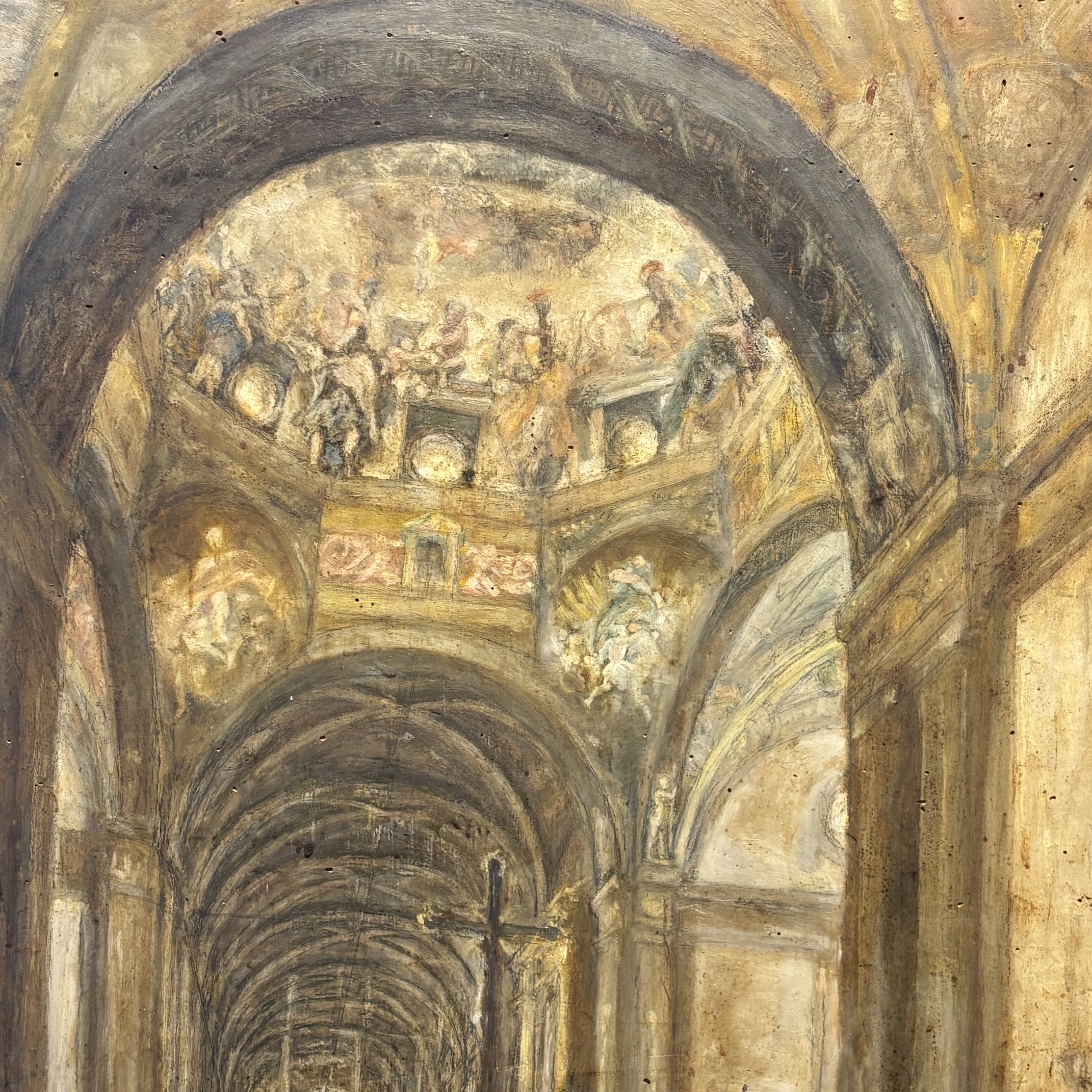 Antico dipinto olio su tavola XIX sec Coro della cattedrale di Parma 116 x 99 - immagine 13