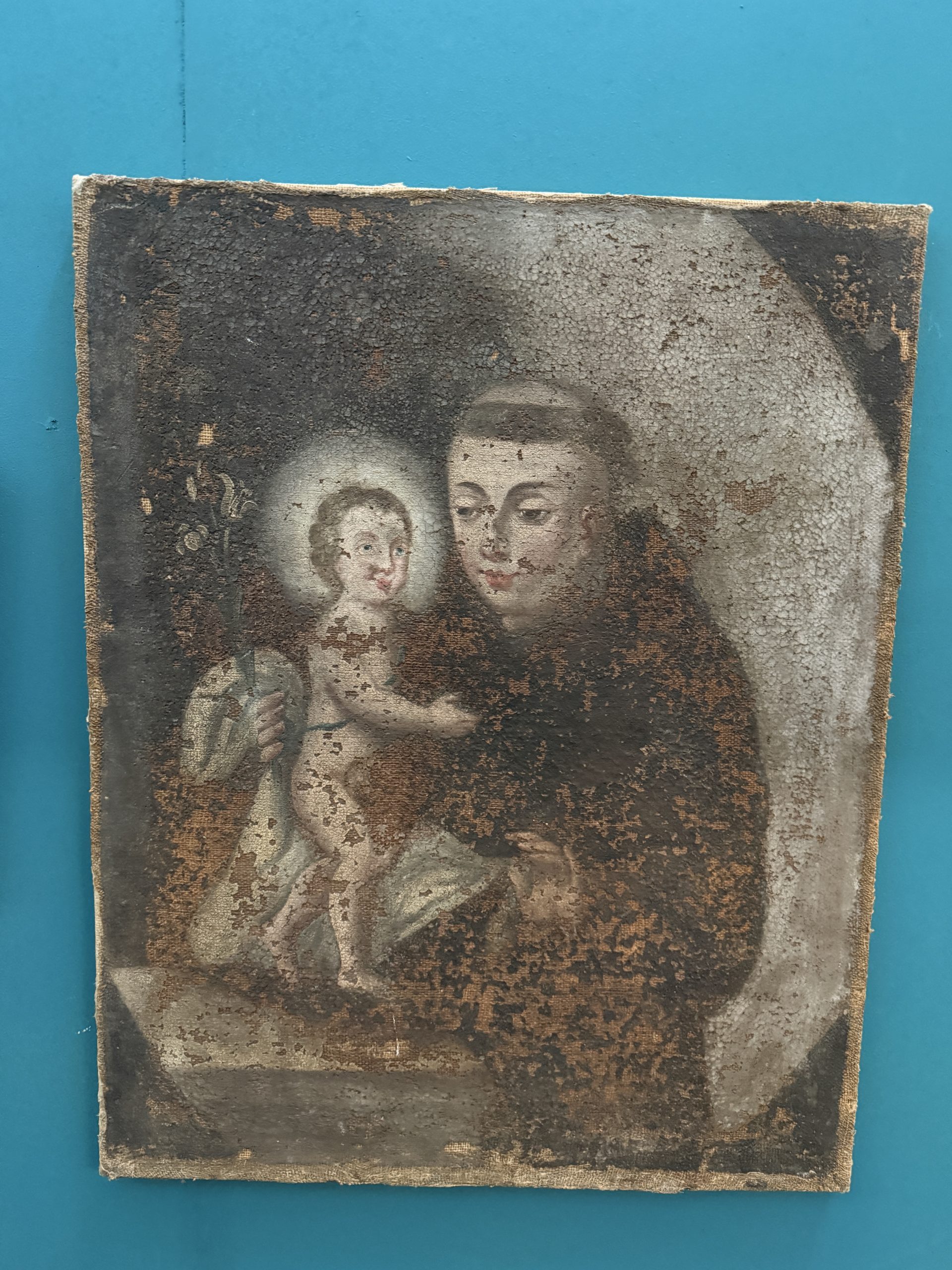 Antico dipinto ad olio del XVIII sec, S. Antonio da Padova e Bambino, 64x51cm - immagine 2