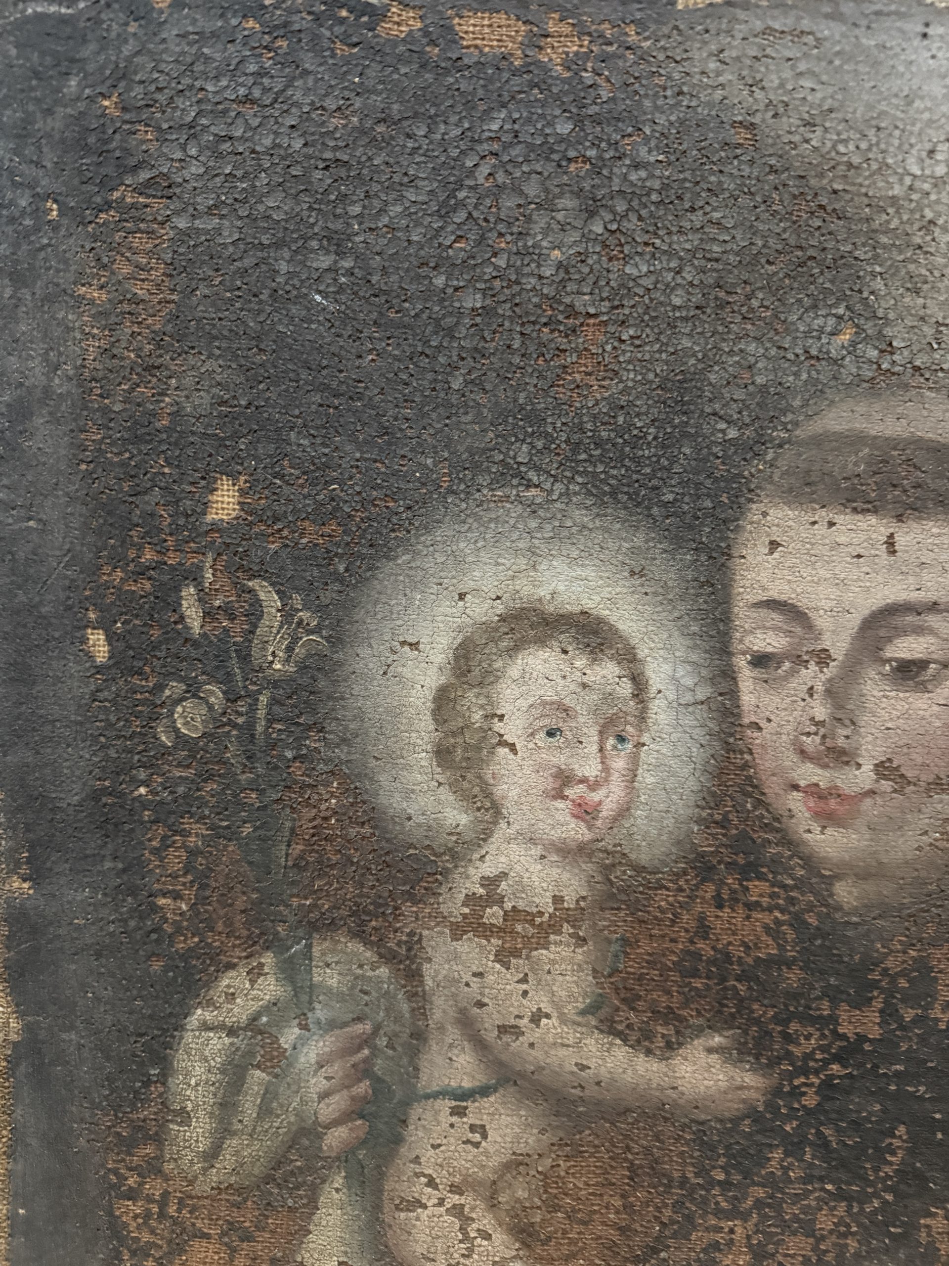 Antico dipinto ad olio del XVIII sec, S. Antonio da Padova e Bambino, 64x51cm - immagine 3