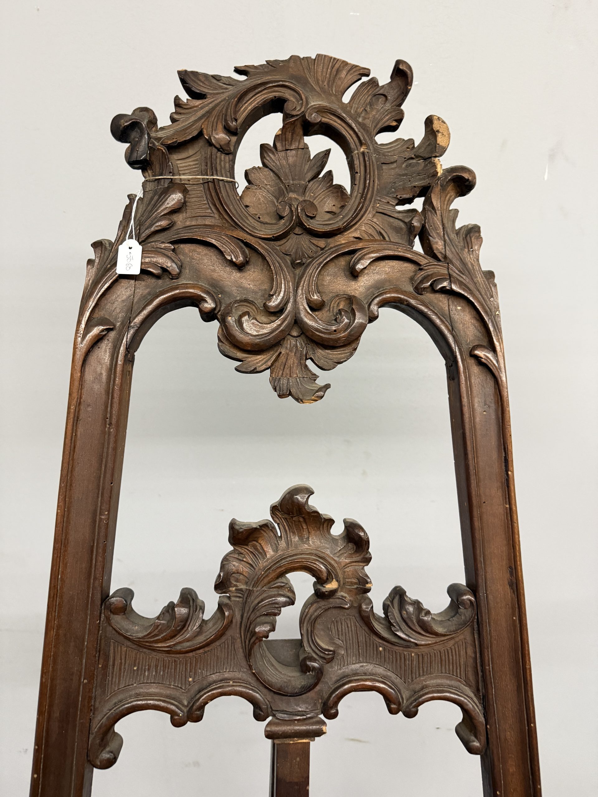 Antico cavalletto da pittore, Liberty, XX sec, in noce intagliato, 178x75x70cm - immagine 5