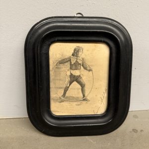Antico disegno miniatura a china firmato XIX sec bambina con ruota 24x21cm