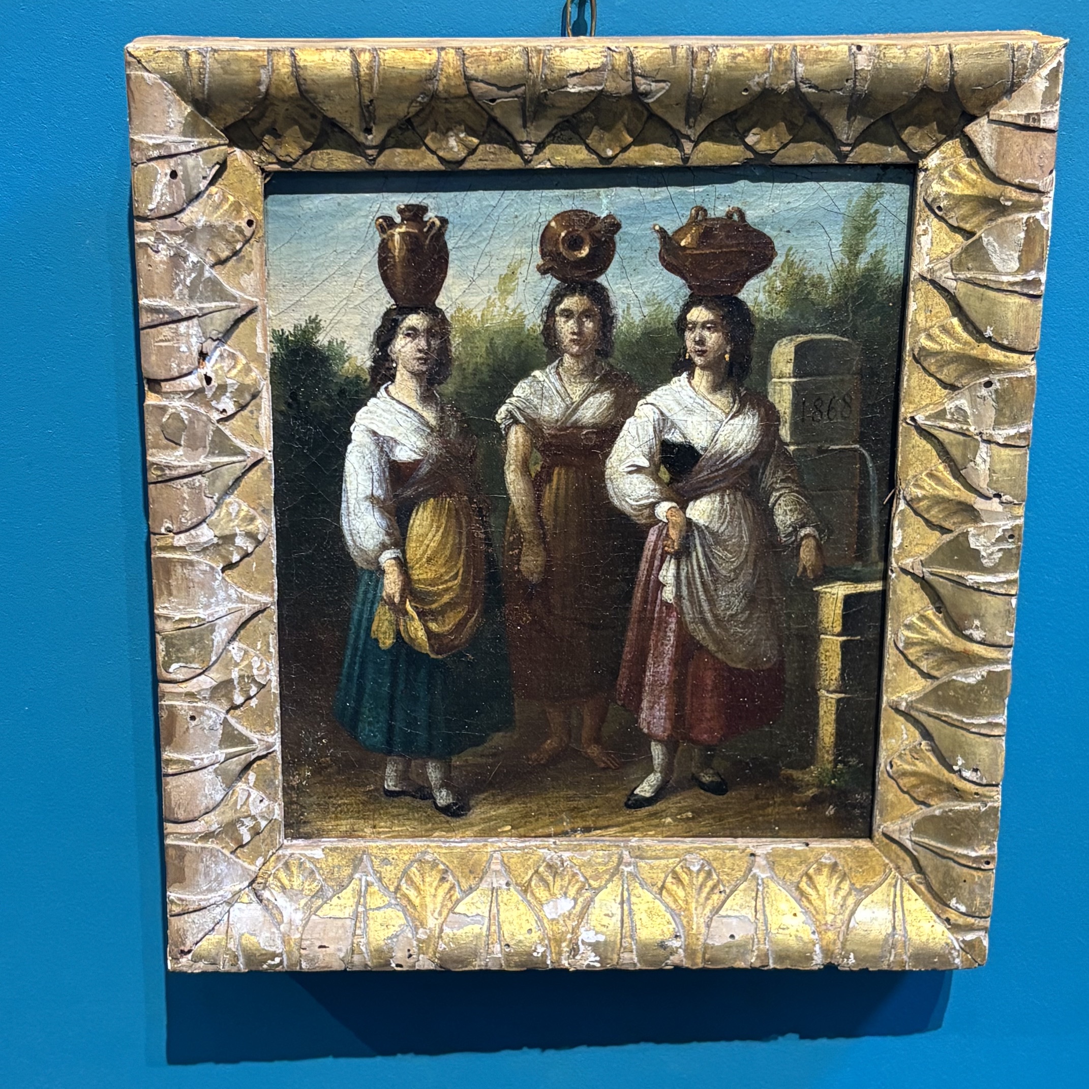 Antico dipinto olio su tela , tre popolane Ciociaria Arte popolare 1868 Mis 27 x 25