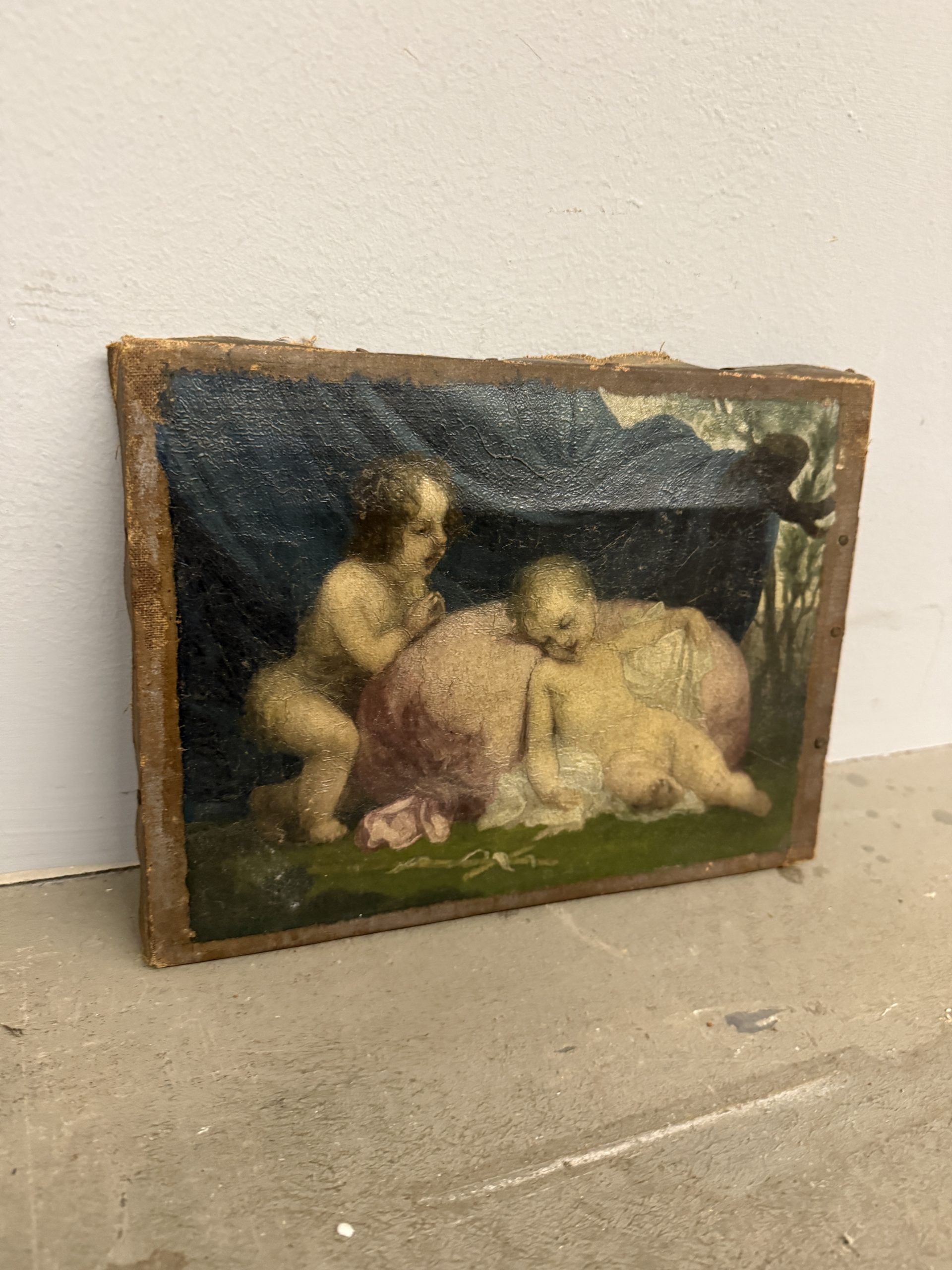Antico dipinto olio su tela, putti festanti, primi 900 Liberty sec, 26x20cm