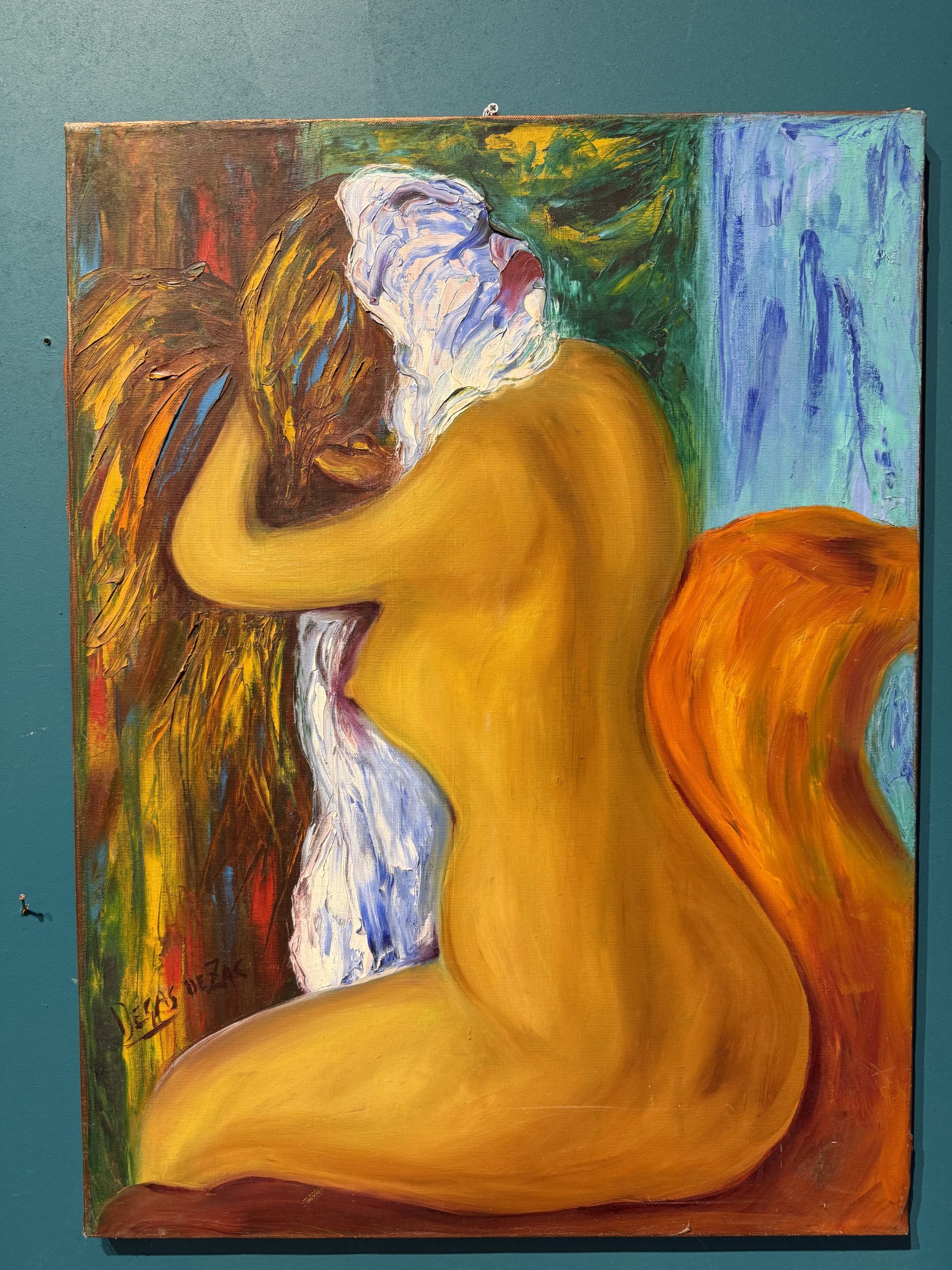 Gianfranco Zaccagnino, olio su tela, arte moderna, "Donna che si asciuga i capelli", 80x60cm
