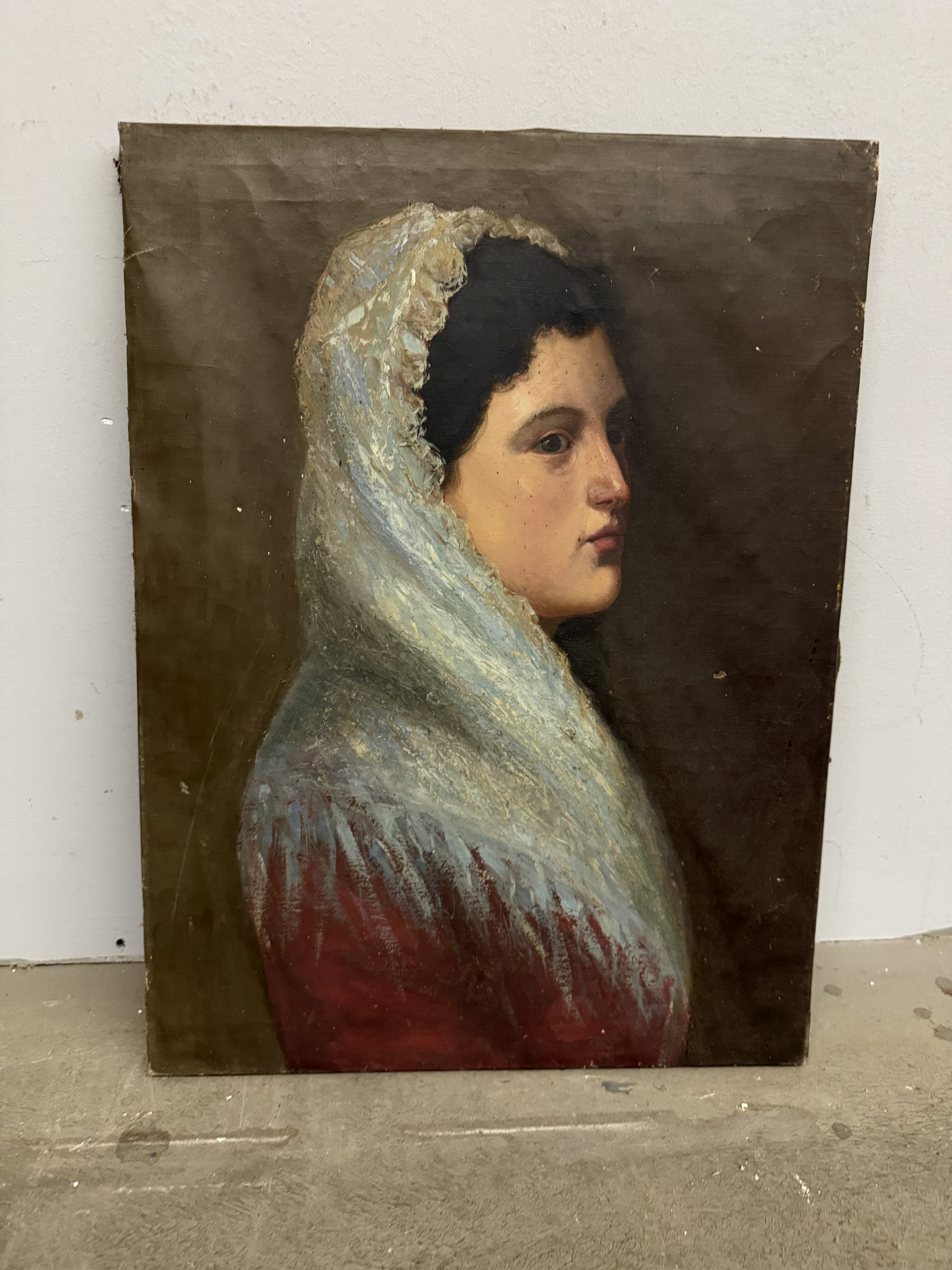 Antico dipinto olio su tela ritratto di signora, XIX sec, 53x40cm