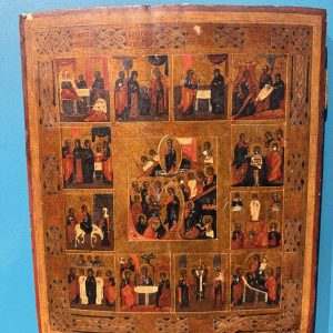 Antica Icona russa su tavola, raffigurante le Dodici Grandi Feste, Russia, XIX sec, 36x31cm