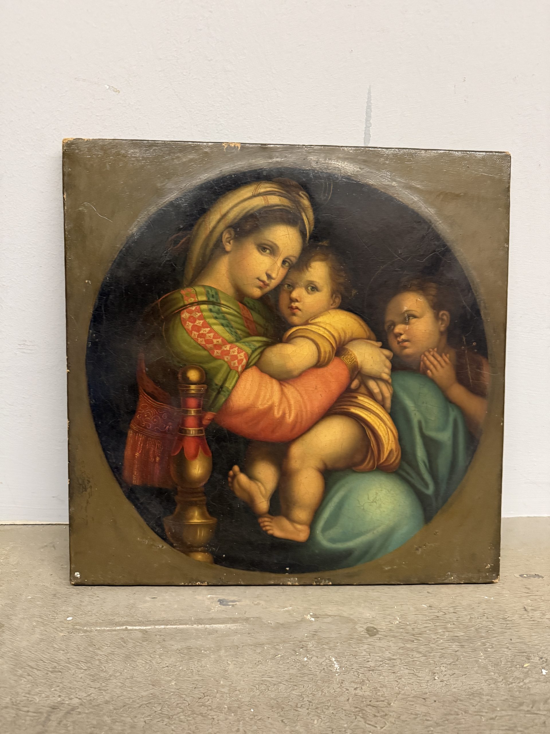 Antico dipinto olio su tela '800 Madonna della seggiola, 40x40cm, stato molto buono
