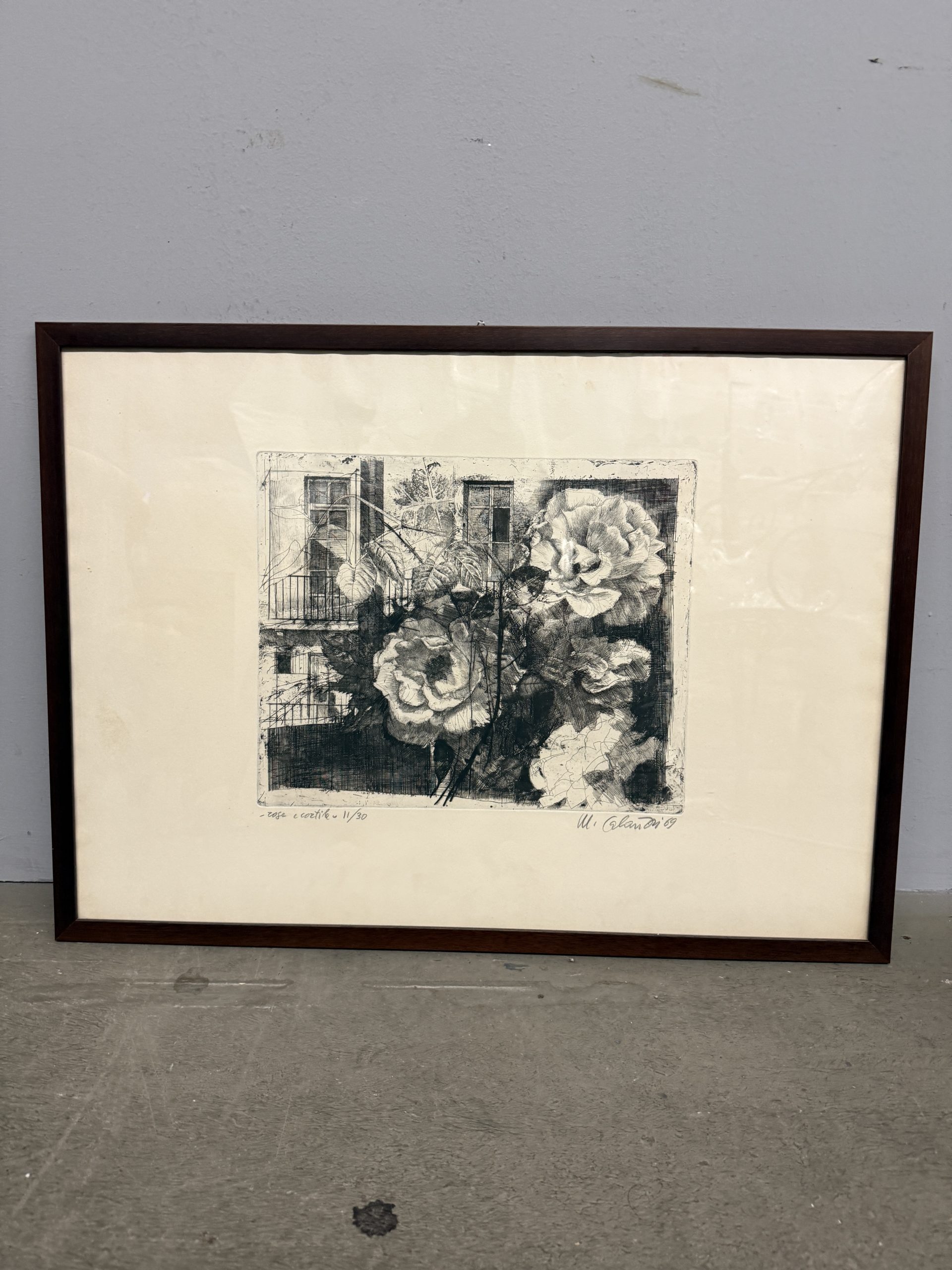Antica incisione Mario Calandri "Rose nel cortile" N11/30