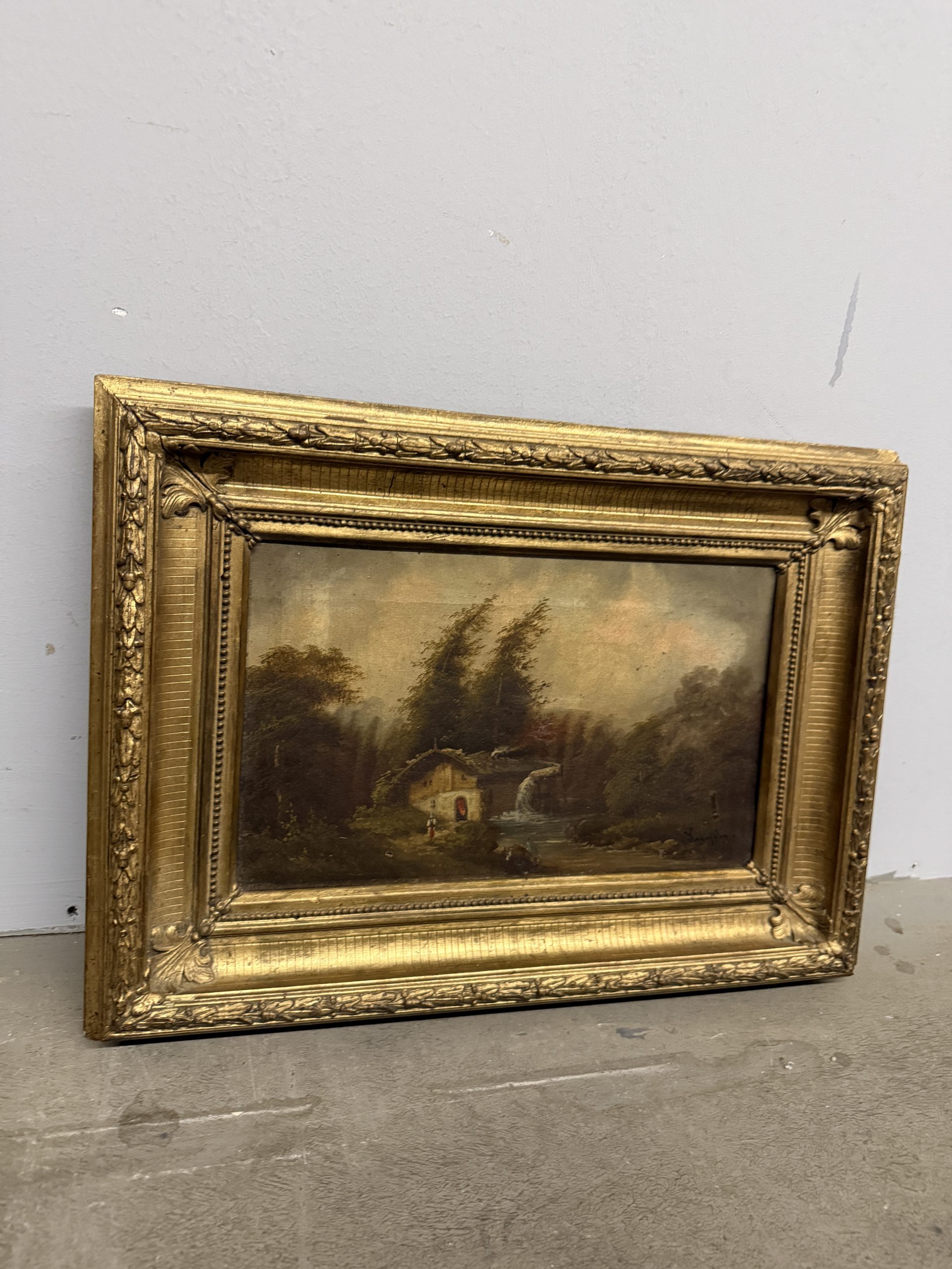 Antico dipinto ad olio Paesaggio in cornice dorata firmato XIX sec, 48x37 cm