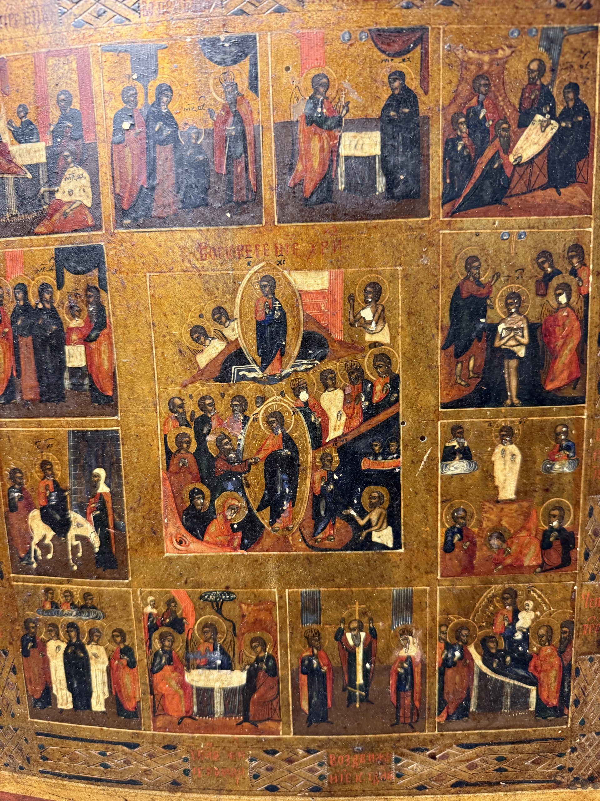 Antica Icona russa su tavola, raffigurante le Dodici Grandi Feste, Russia, XIX sec, 36x31cm - immagine 3